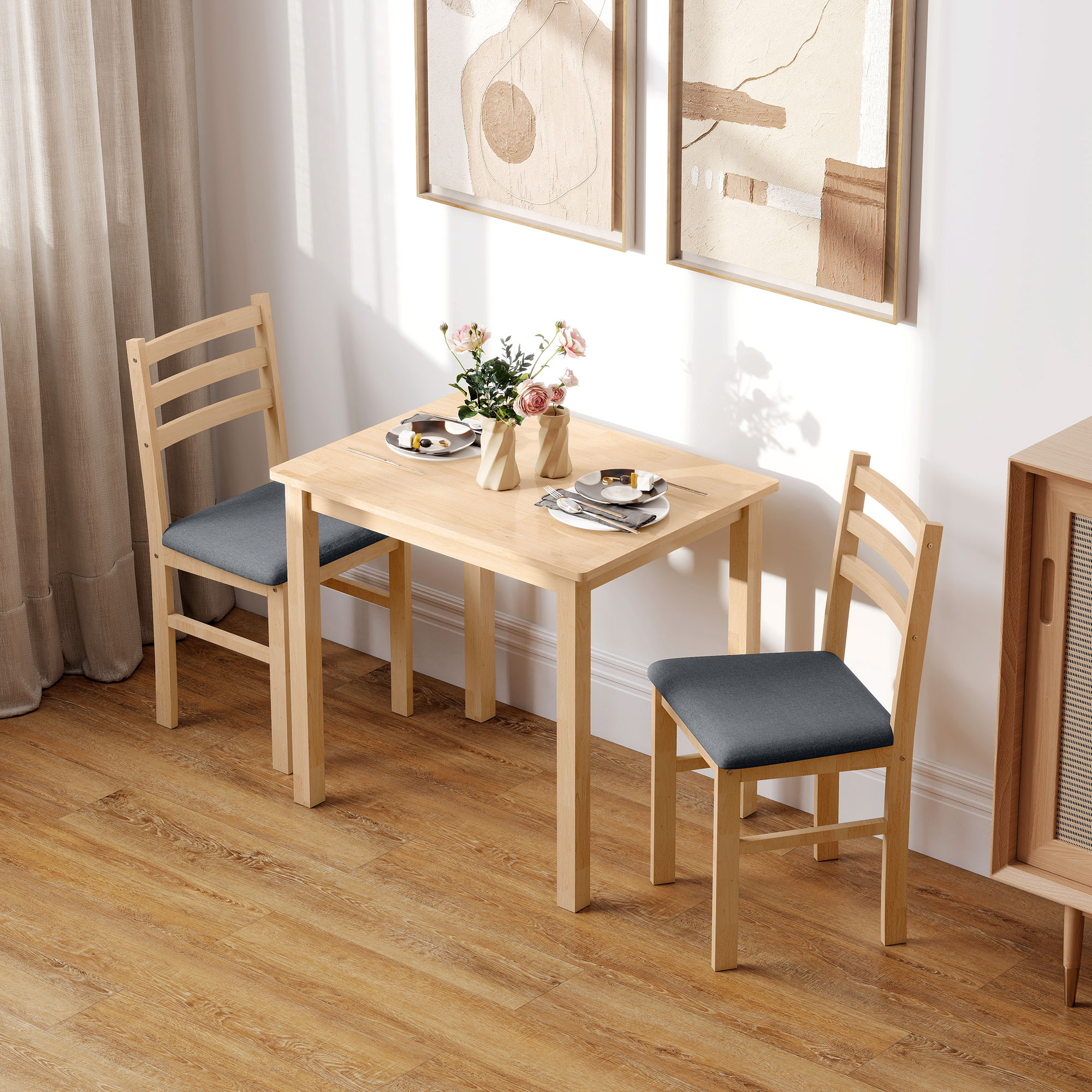 3-teiliges Esstisch-Set mit 2 Stühlen, Küchentisch für kompakte Räume, gepolsterte Stühle, platzsparend, MDF, Naturholz