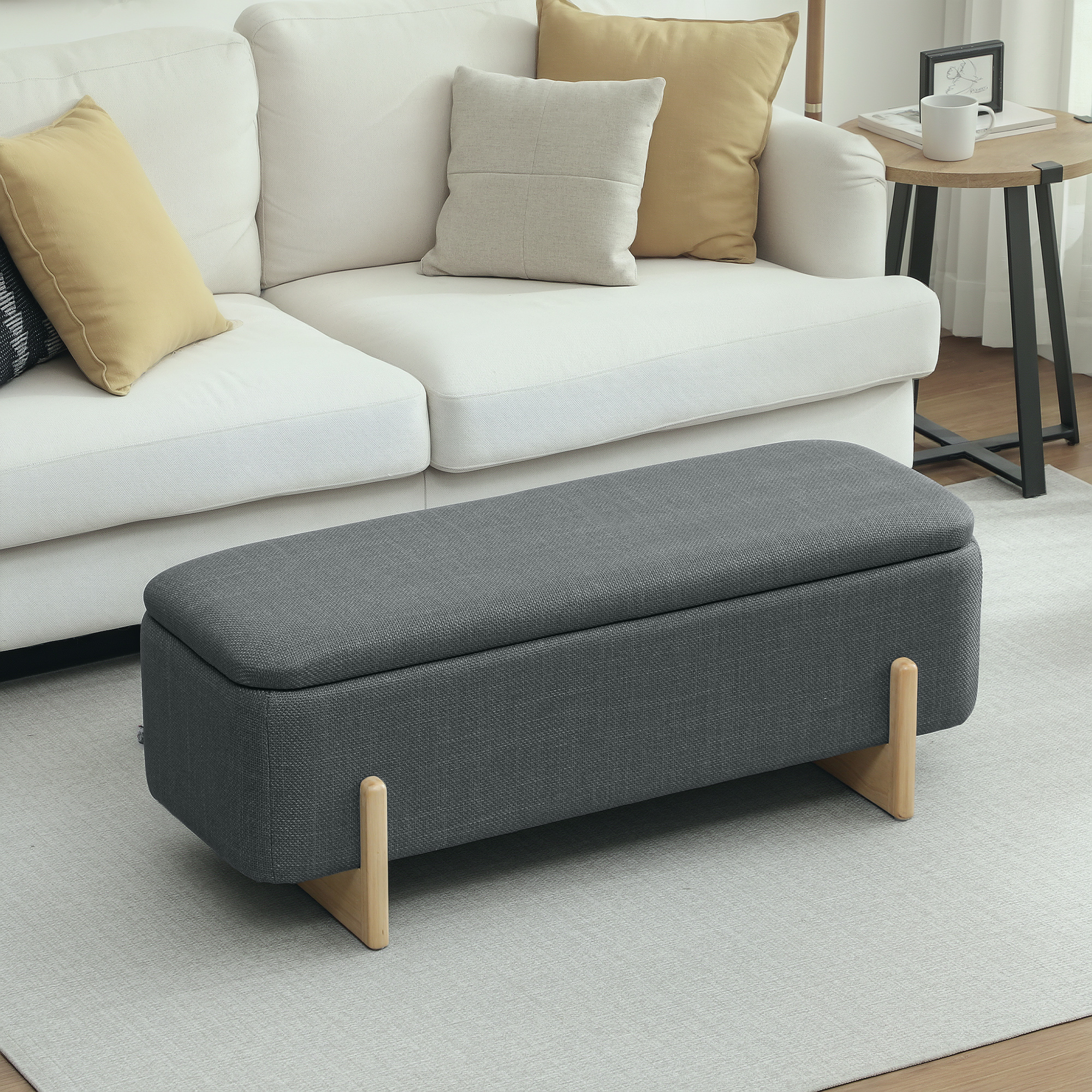Hocker mit Stauraum, Sitzbank mit Schaumstoffpolsterung, Leinenimitat, 111 x 44 x 44,5 cm, Dunkelgrau