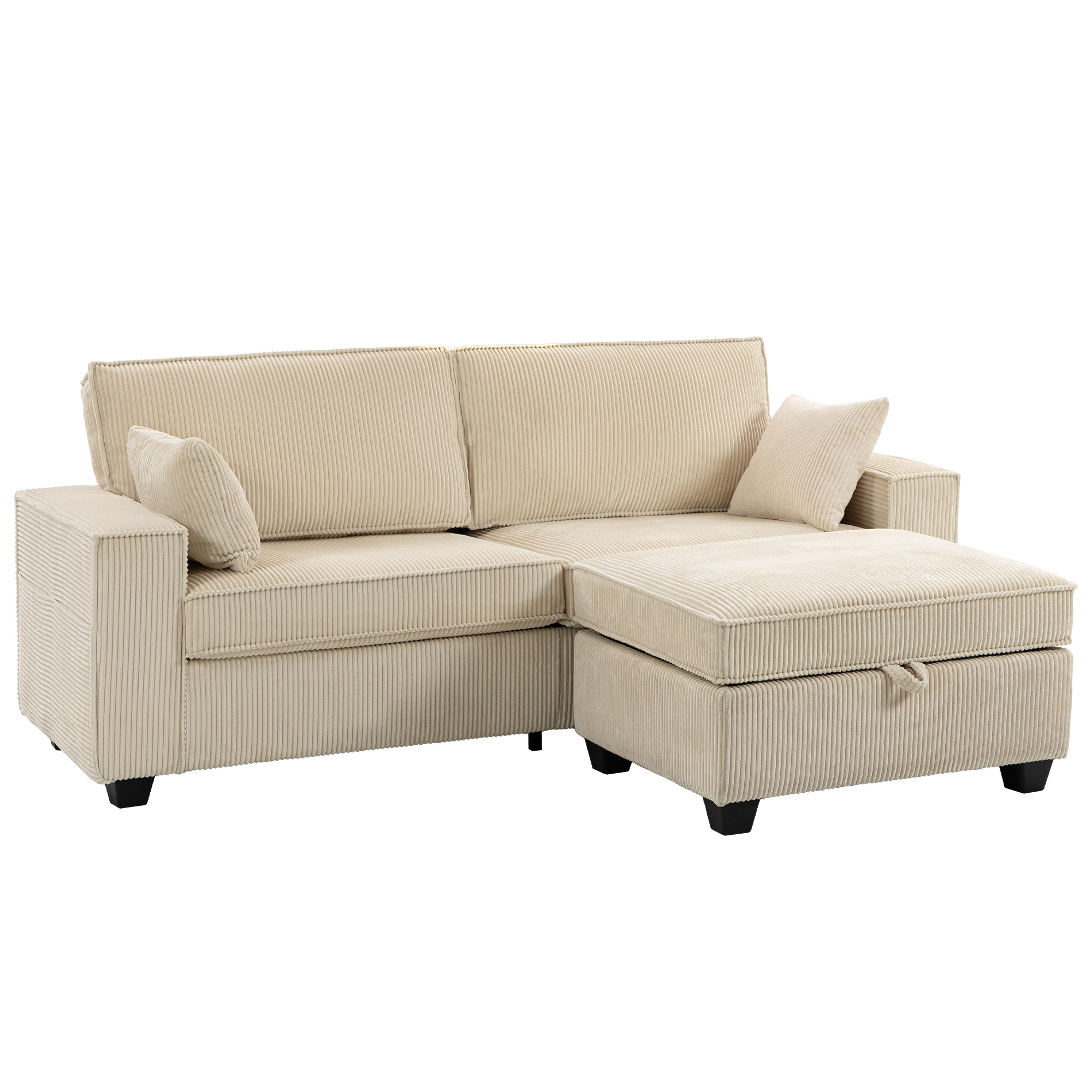 Ecksofa 216 cm 3-Sitzer L-Form Sofa mit Umkehrbarem Aufbwahrungshocker, Cord-Optik, Breiter Sitzfläche, für Wohnzimmer