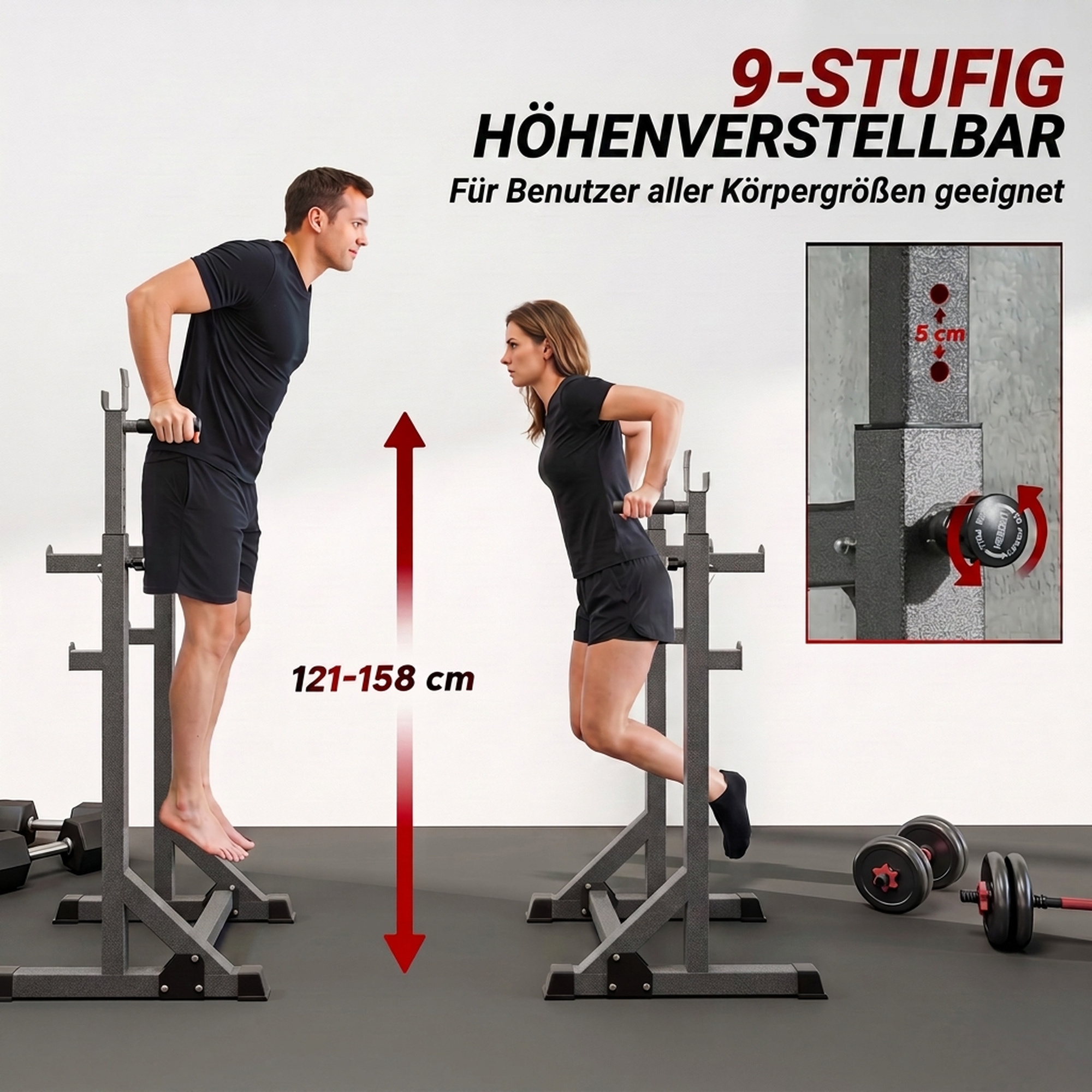 Hantelständer, höhen- und breitenverstellbar, Hantelablage aus Stahl mit Sicherheitsverschlüssen, bis 150 kg belastbar