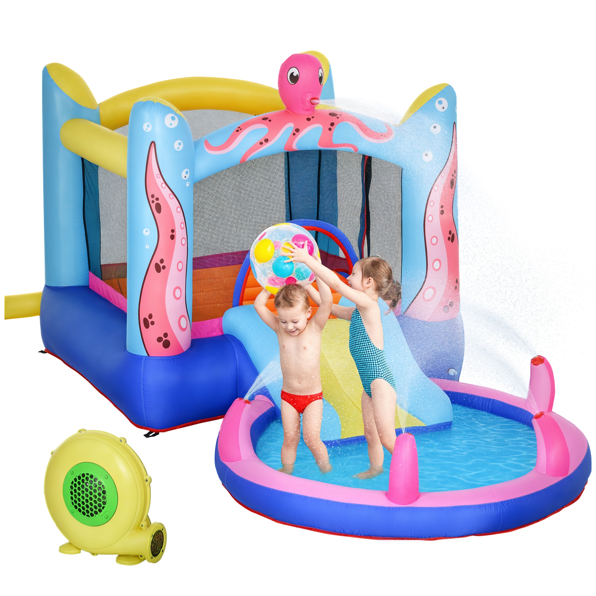 selbstaufblasende Hüpfburg inkl. Gebläse, Flicken, 1 Trampolin, 1 Wasserbecken, 1 Rutsche,  360 x 175 x 180 cm