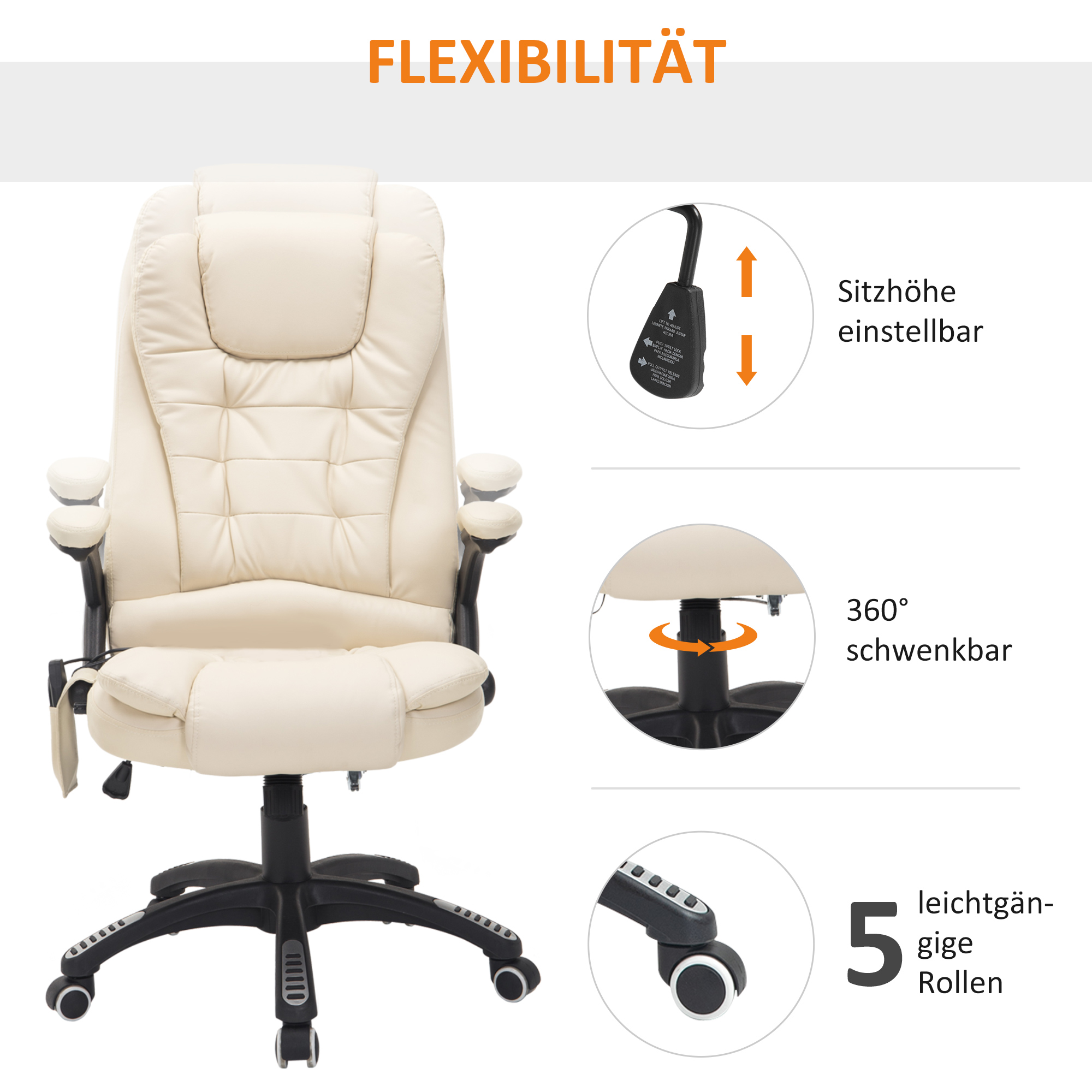 Bürostuhl mit Massagefunktion, Wärmefunktion, höhenverstellbar, Kippfunktion, Massage-Bürostuhl, Cremeweiß + Schwarz
