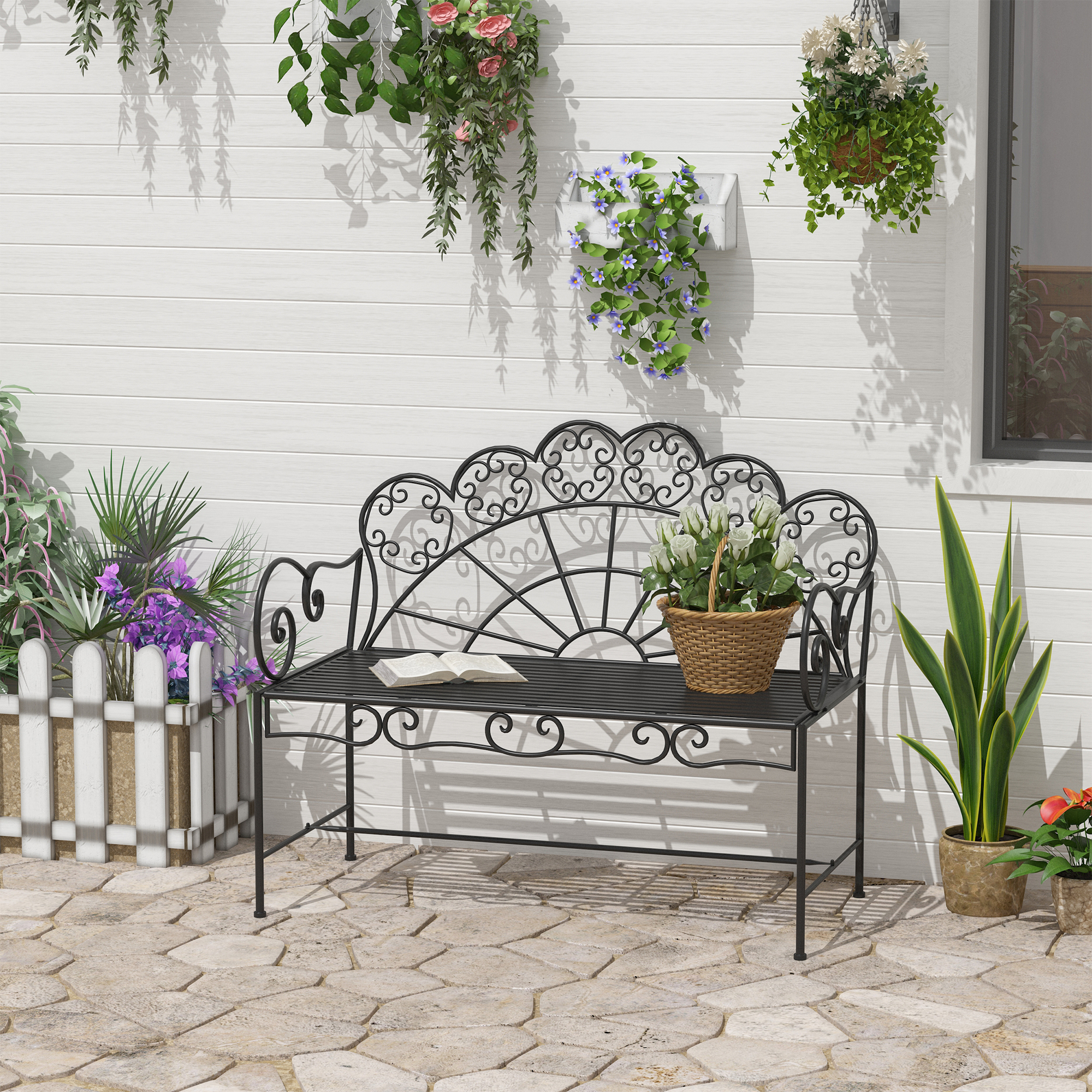 2-Sitzer Gartenbank robust, Parkbank rostfrei Sitzbank Bank Gartenmöbel für Terrasse, Garten und den generellen Außenbereich 107cm x 55,5cm x 90,5cm, Schwarz