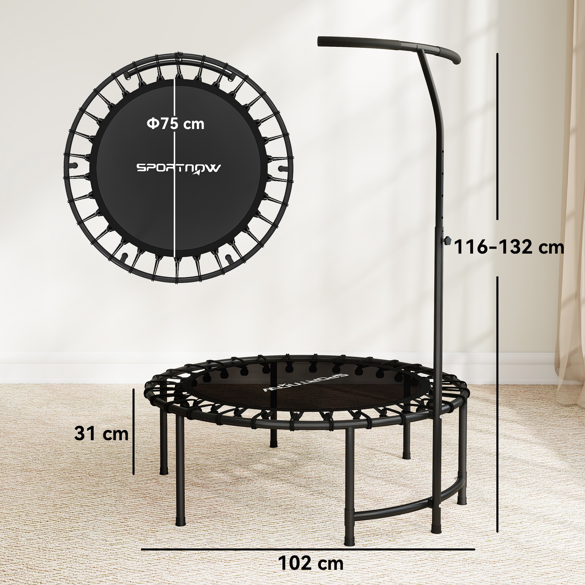 Rebounder-Trampolin, 5-stufig verstellbarer Griff, Workout-Trampolin, Schwarz