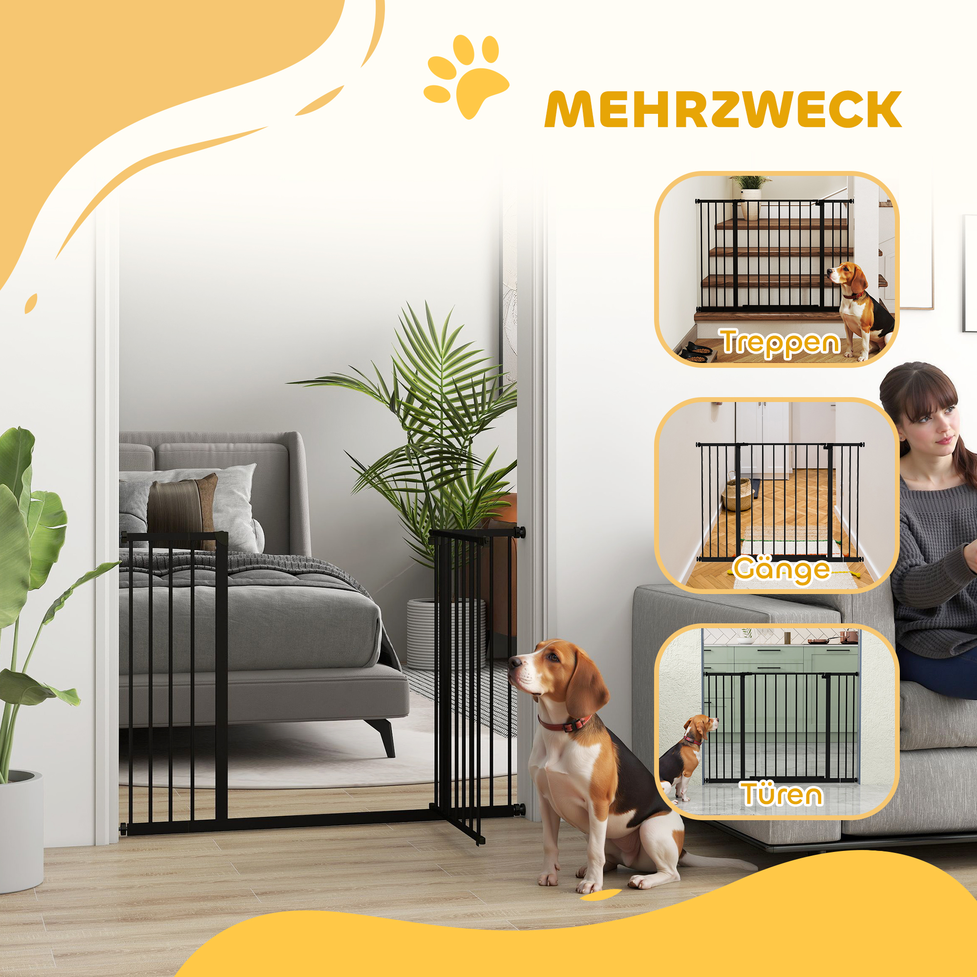 Hunde-Absperrgitter, erweiterbar, Klemmmontage, Stahl, 76-107 x 76 cm, Schwarz