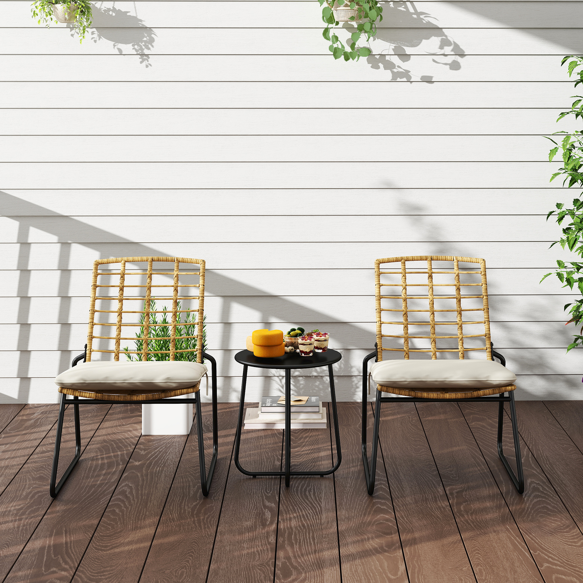 3-teiliges Gartenmöbel-Set, 2 Rattan-Stühle, 1 Tisch mit Metallplatte, Sitzkissen, Bistro-Set, Beige & Braun