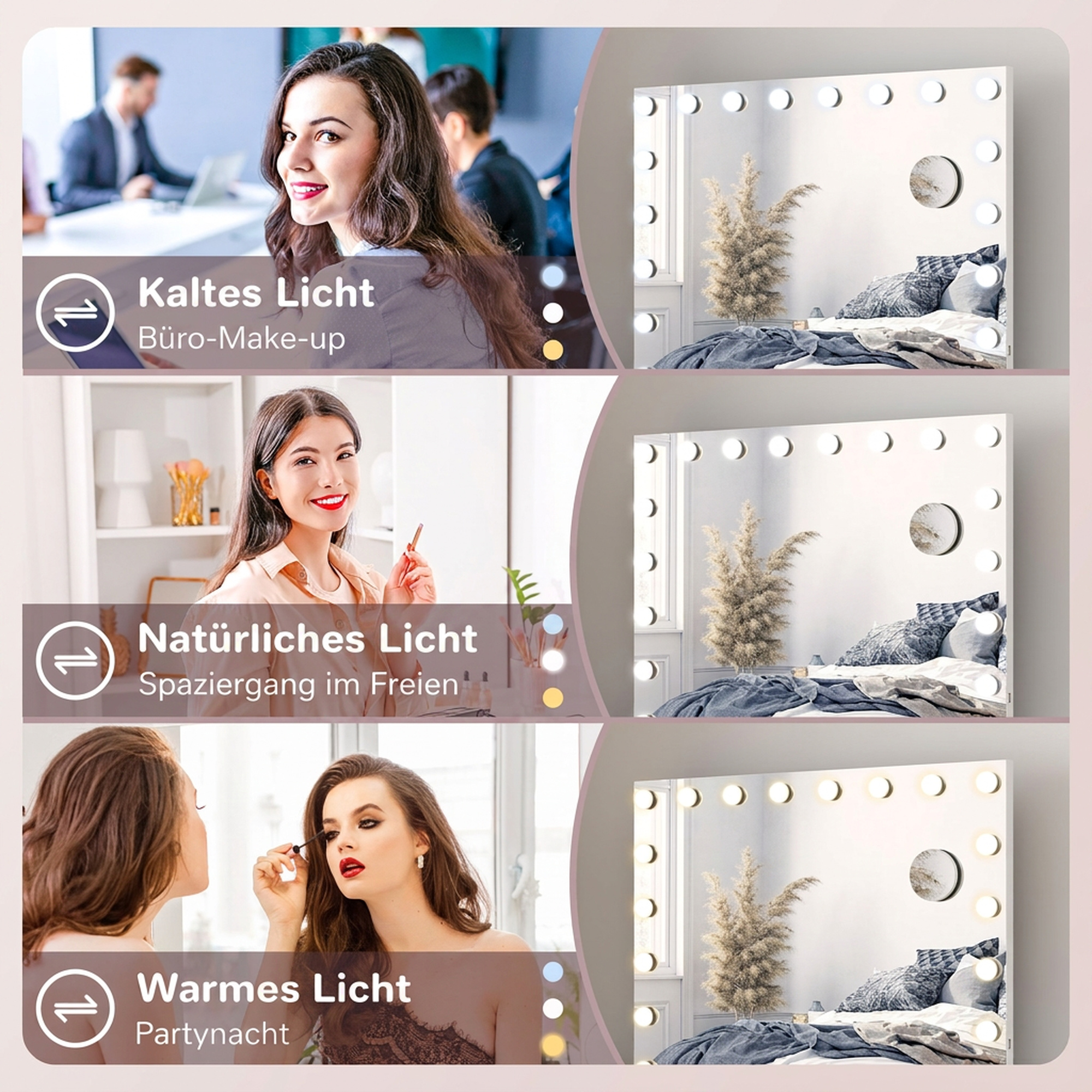Hollywood Spiegel mit 18 LEDs Schminkspiegel 80x60 cm Kosmetikspiegel mit 3 Lichtfarben, Einstellbare Helligkeit