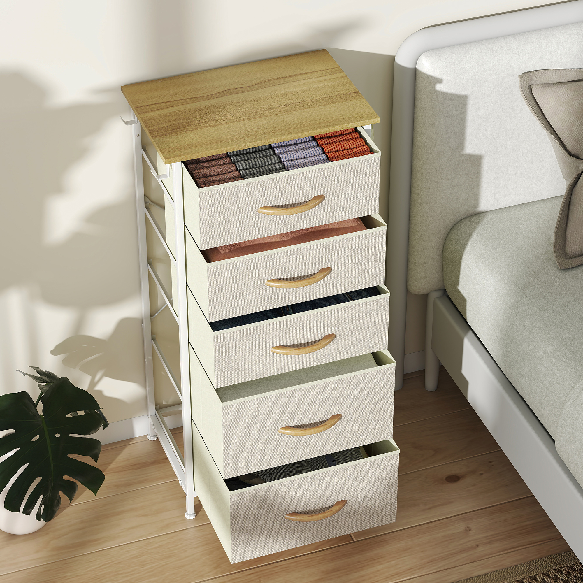 Schlafzimmer-Kommode mit 5 Stoffschubladen, Stahlstreben, Holzoberfläche, 4 Aufbewahrungstaschen, 2 Haken, Beige