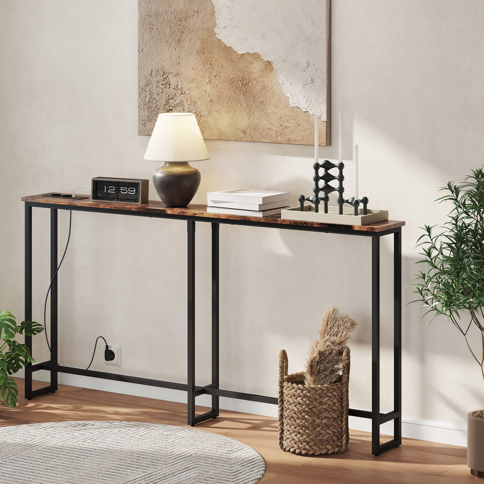 Konsolentisch mit Ladestation, Industriestil, Stahlrahmen, Braun