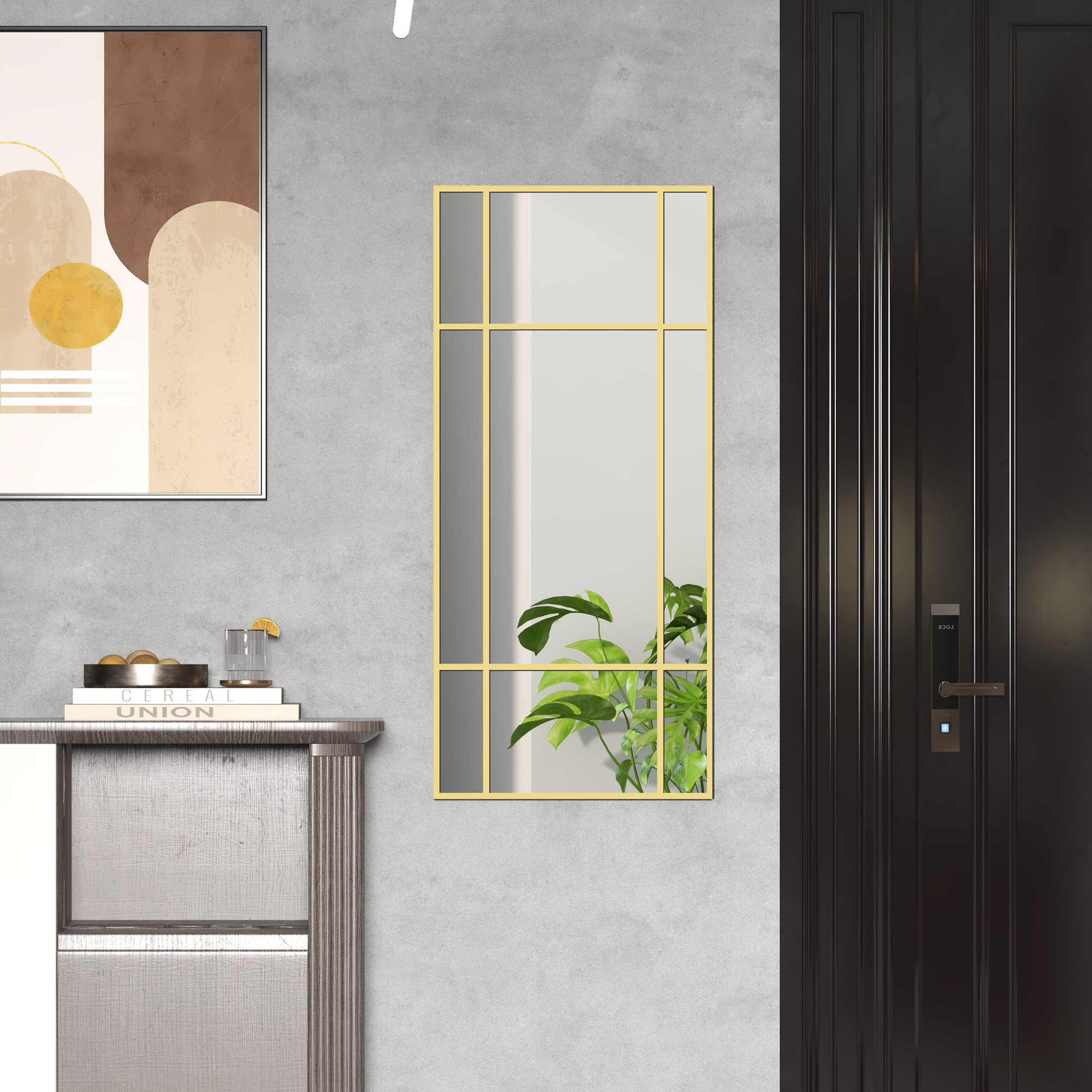 Wandspiegel, dekorativer Spiegel mit Metallrahmen, goldfarbene Streifen, Mehrschichtglas, 110B x 2T x 50H cm