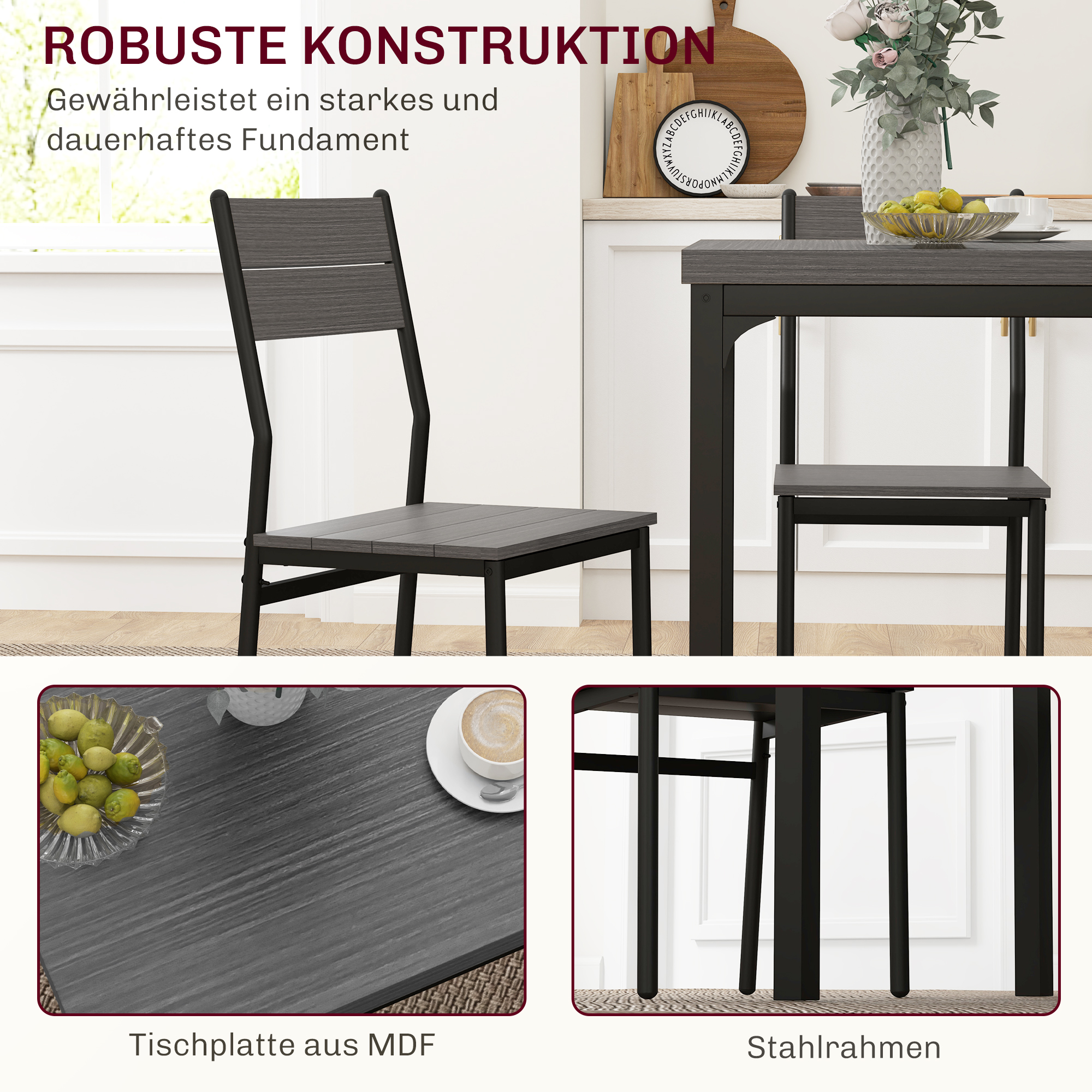 3-teilige Essgruppe, Esstisch-Set, 1 Tisch, 2 Stühle, MDF+Metall, Grau