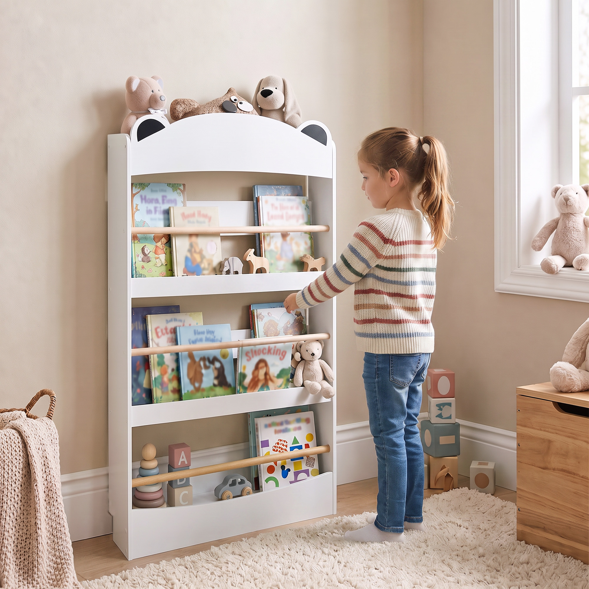 Bücherregal Kinder, Wandmontiert Kinderregal mit 4 Ebenen, Wandregal mit bärenförmige Design, 50 x 15 x 97 cm Weiß
