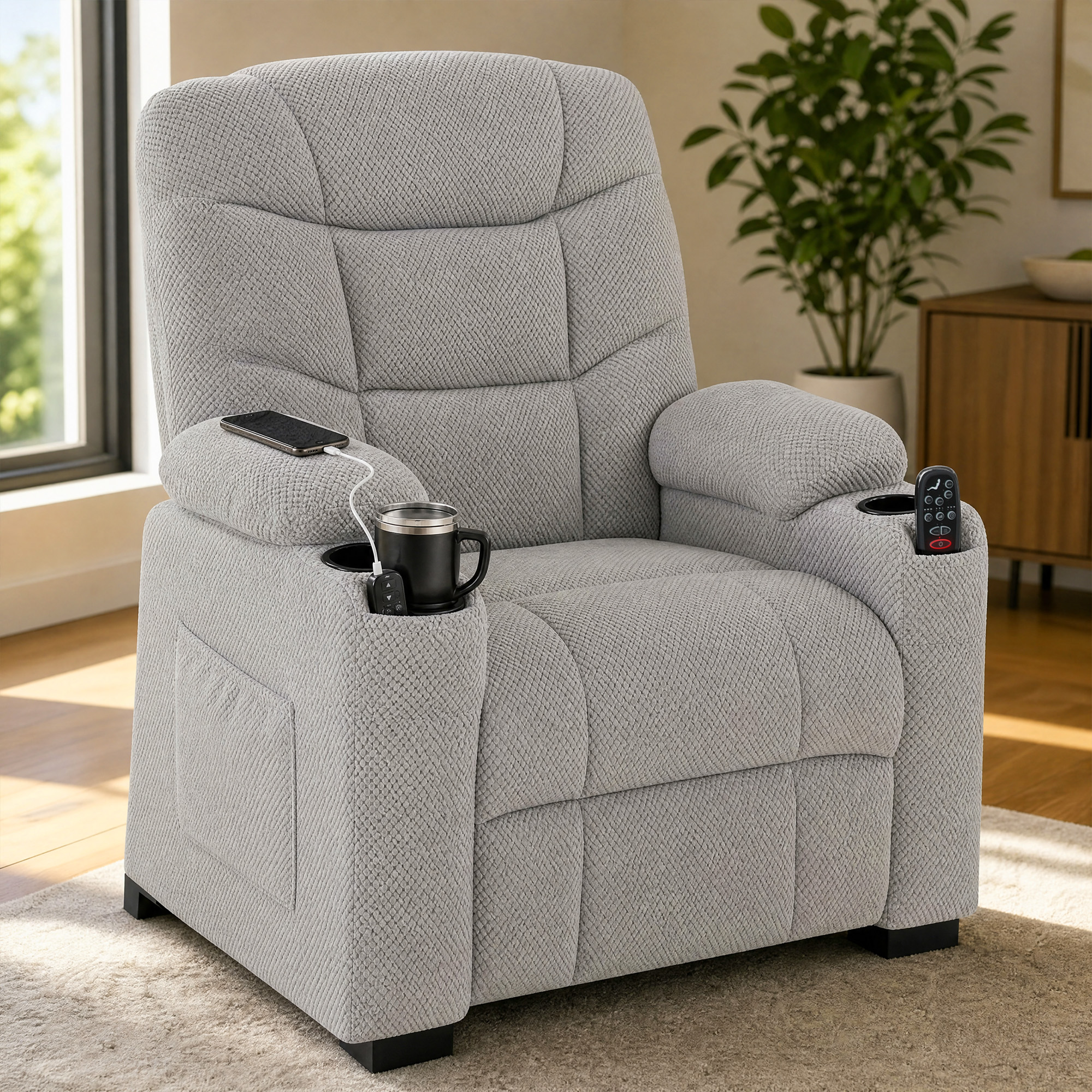 elektrischer Relaxsessel mit Massage & Wärme, leisem Motor und Memory-Funktion, Grau