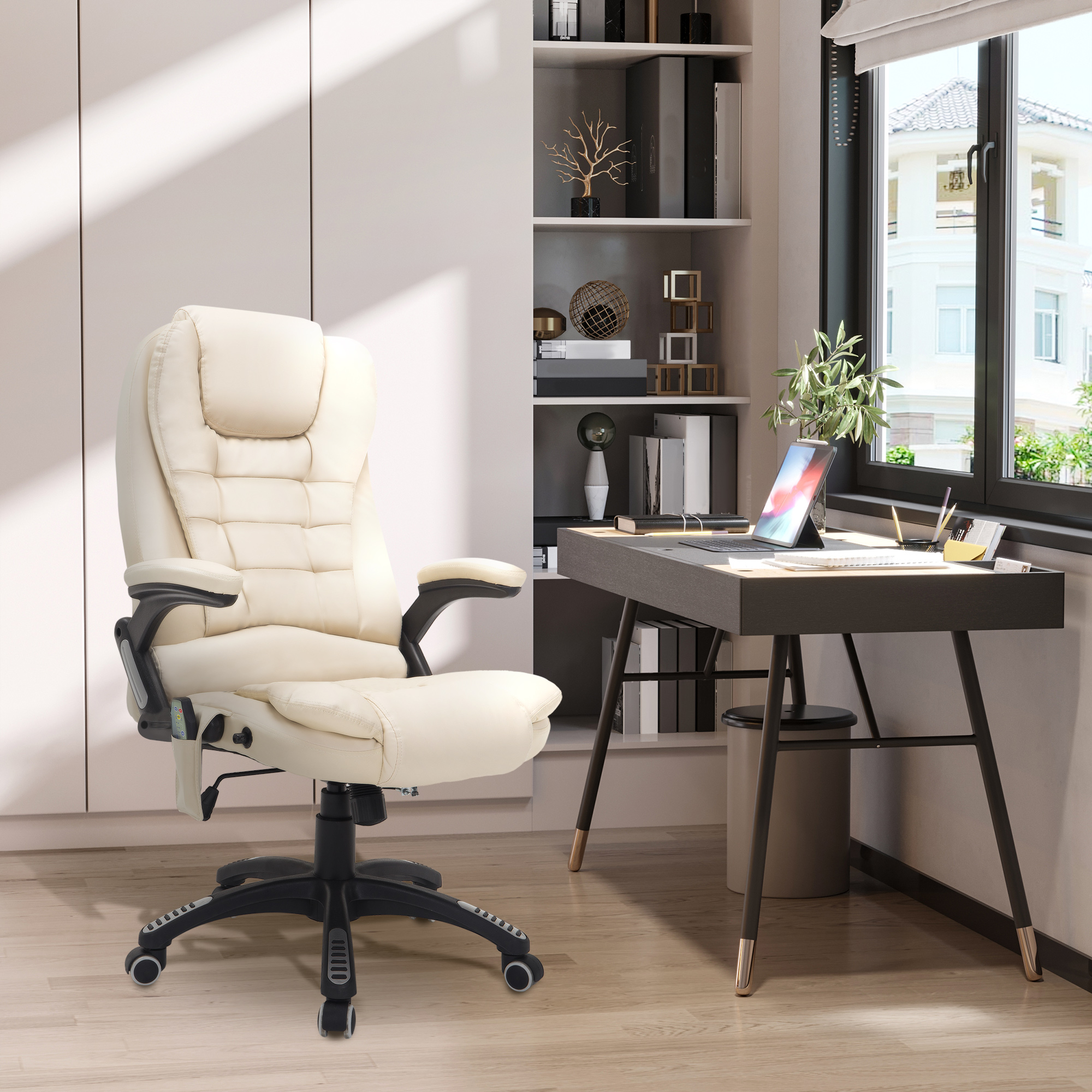 Bürostuhl mit Massagefunktion, Wärmefunktion, höhenverstellbar, Kippfunktion, Massage-Bürostuhl, Cremeweiß + Schwarz