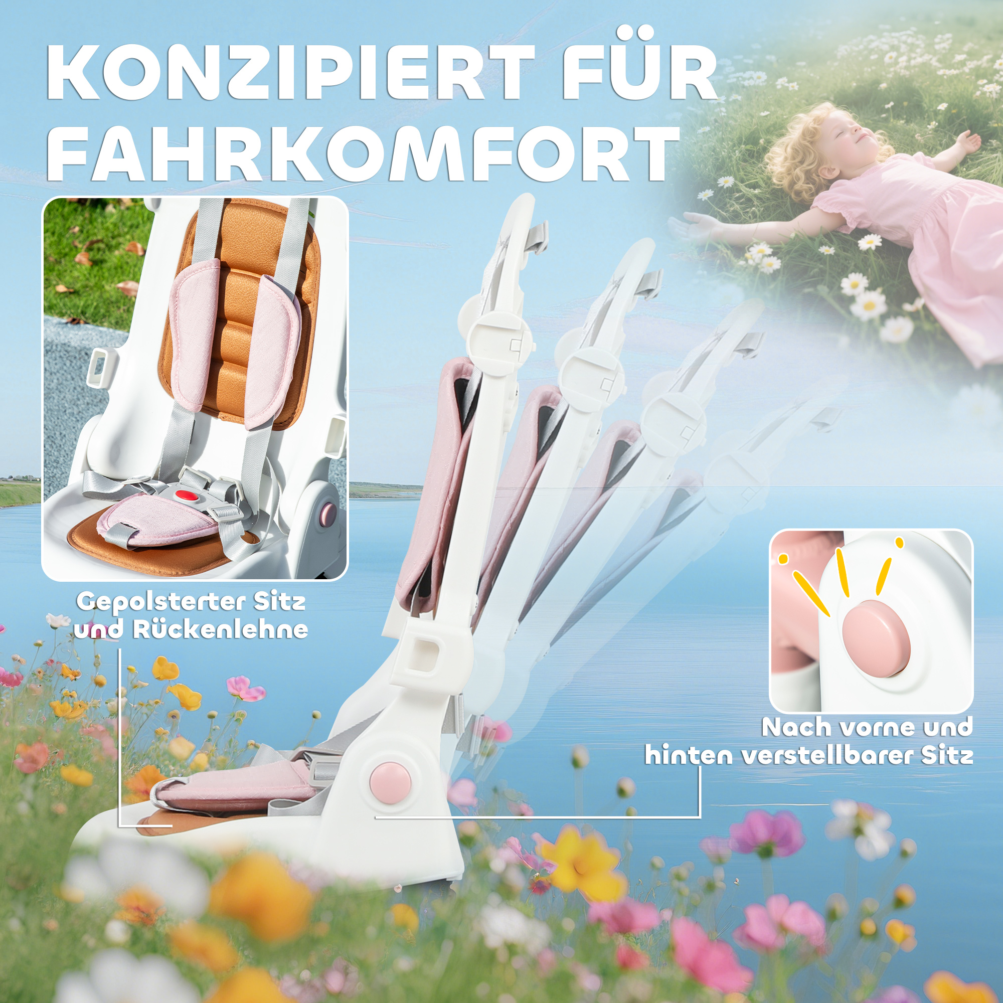 Kinder-Dreirad, wandelbarer Baby-Buggy, 5-in-1 Design, abnehmbarer Schiebegriff, verstellbar, Sicherheitsgurt, Aufbewahrungstasche, 1-3 Jahre, Rosa