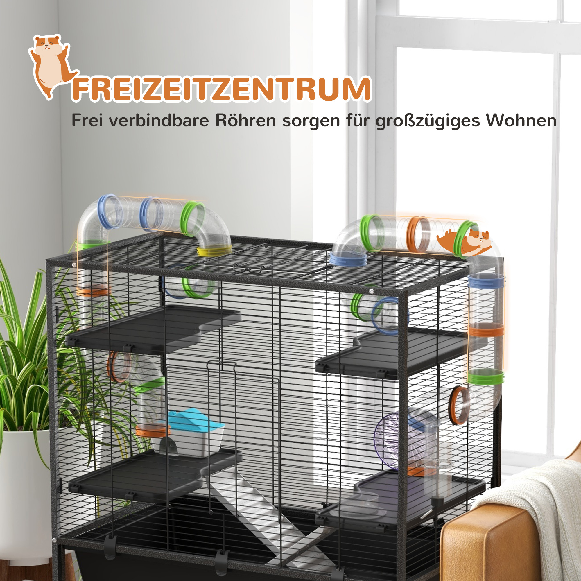 Hamsterkäfig mit Röhren, Laufrad, Häuschen, Wasserspender, 109 x 82 x 46 cm, Schwarz