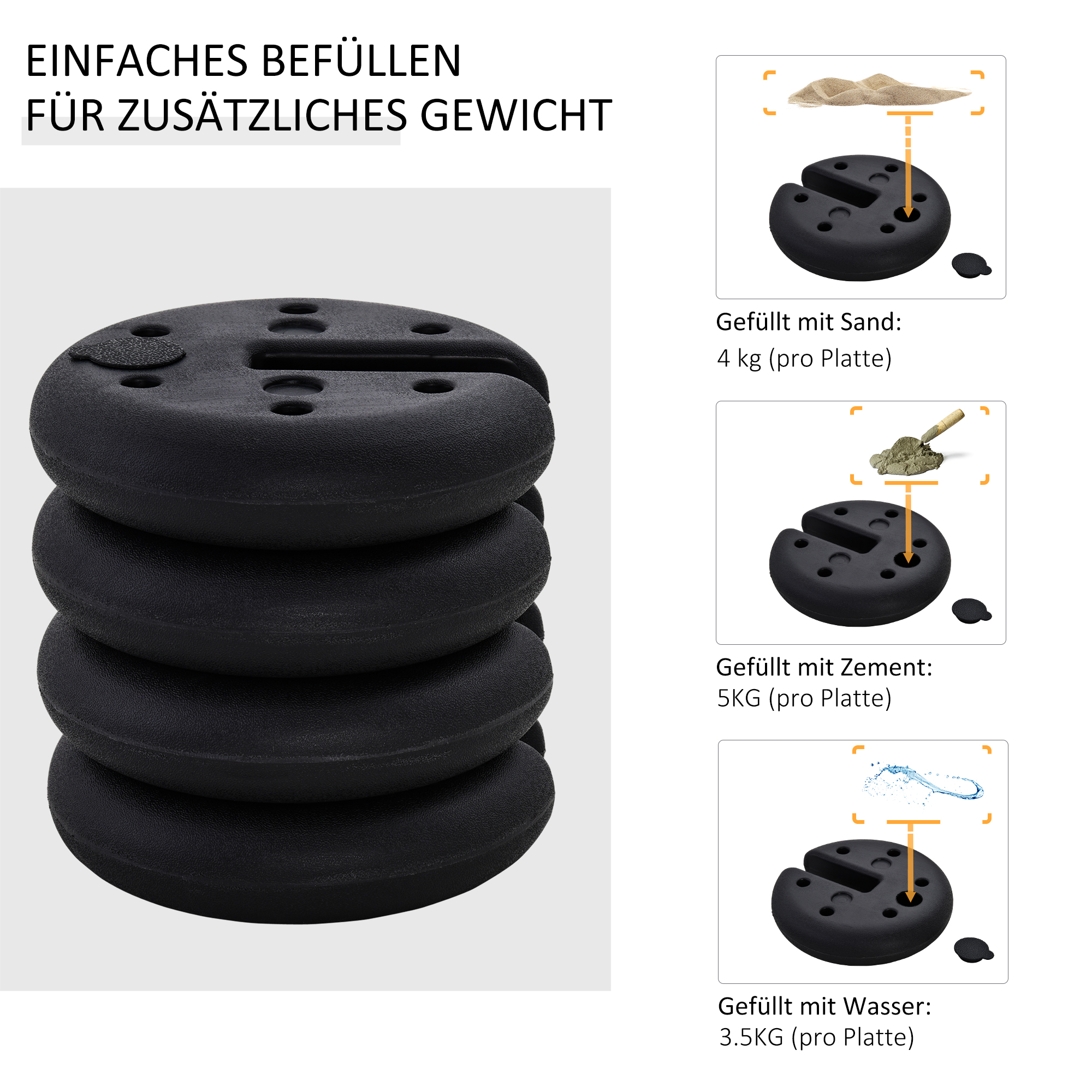 Pavillon Standfuß 4 Stk. Gewicht Partyzelt Pavillongewicht befüllbar bis 5 kg Gewichte für Pavillon Beschwerer für Pavillons Ø25 x 6 cm Schwarz