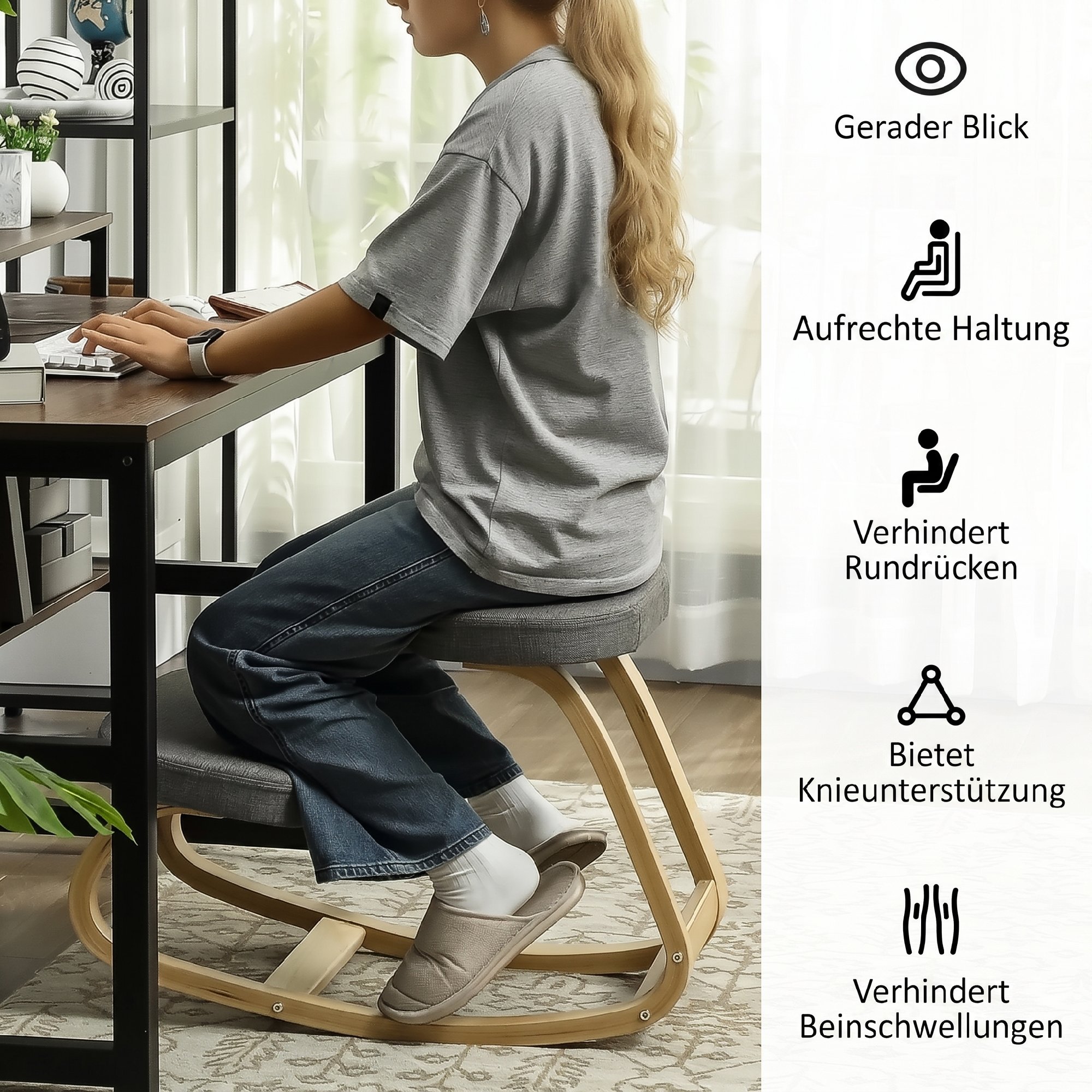 Kniestuhl, Ergonomischer Kniehocker mit Leinenoptik, Basis aus Birkenholz zur Verbesserung der Nackenschmerzen