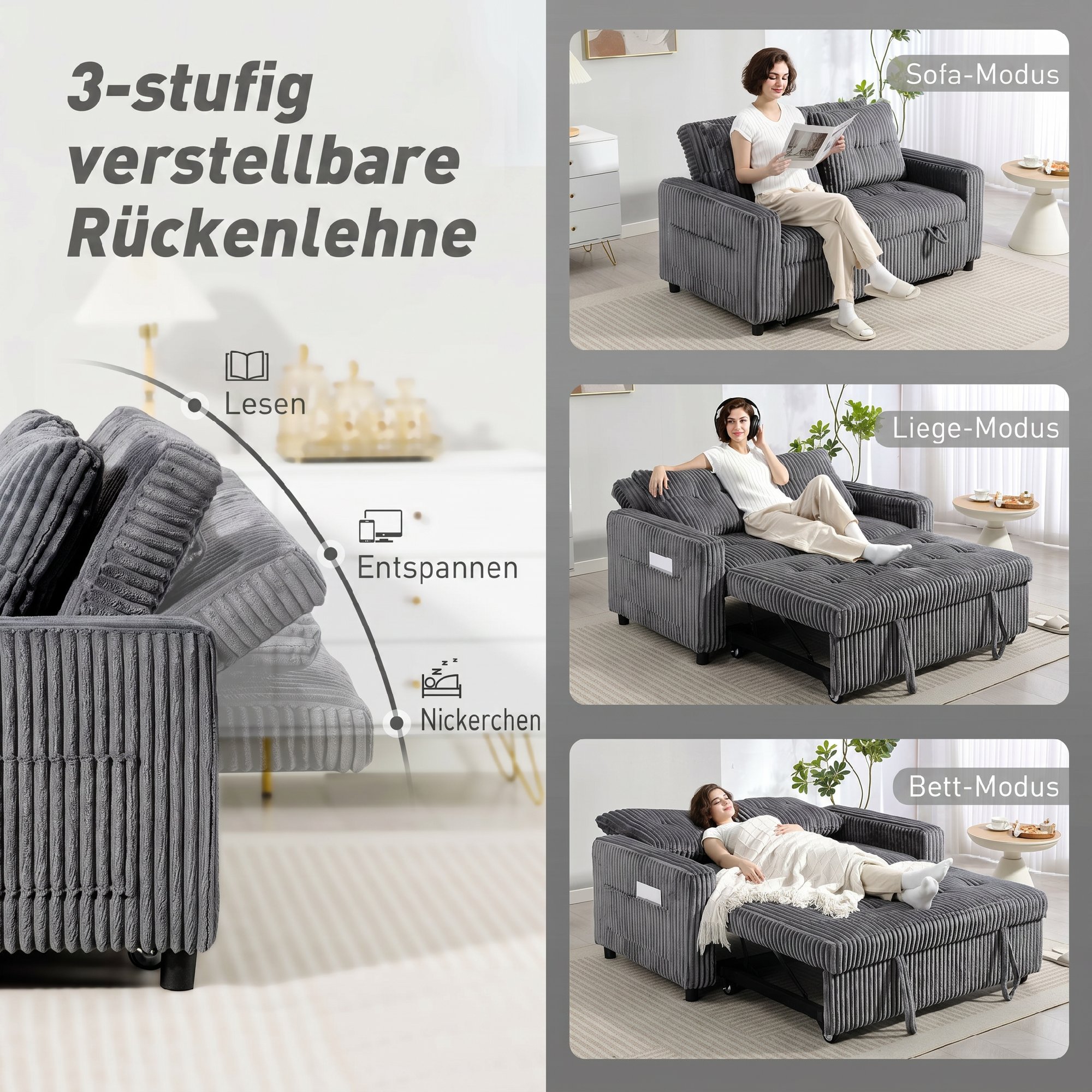 2-Sitzer Sofabett, Cordbezug, zum Schlafsofa umwandelbar, 2 Kissen, Seitentaschen, 157 x 190 cm, Dunkelgrau