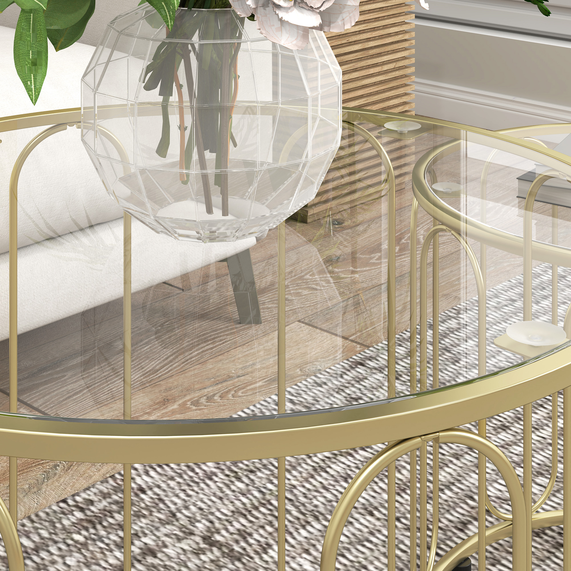 2er-Set Glastische, ineinander verschiebbar, Glasplatten, Metallgestell, Goldfarben