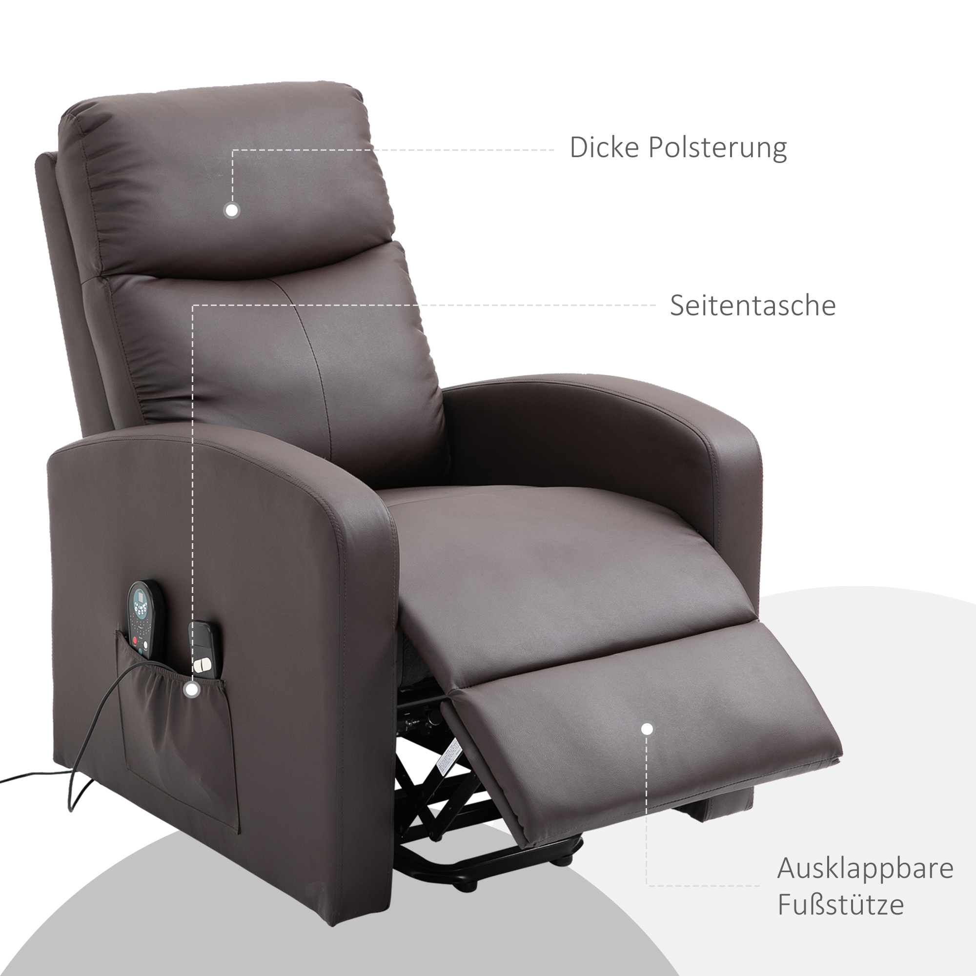 Massagesessel mit Aufstehhilfe, Relaxsessel, Liegesessel, Kopfstütze, 8 Vibrationspunkte, 2 Fernbedienungen, Braun