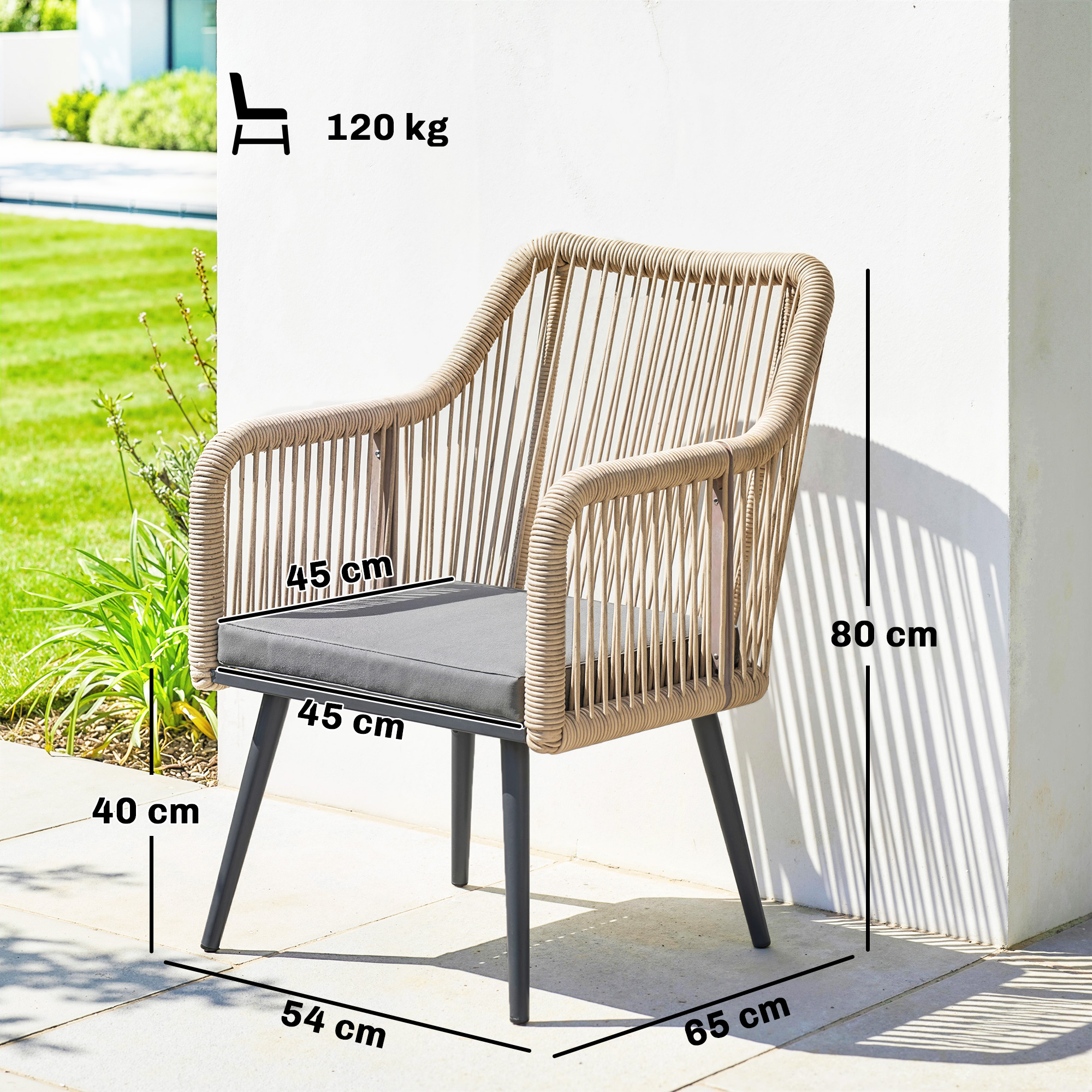 Gartenstuhl 2er Set wetterfest  Gartenstühle mit Armlehne Sitzkissen Metallrahmen bis 120 kg belastbar Hellgrau