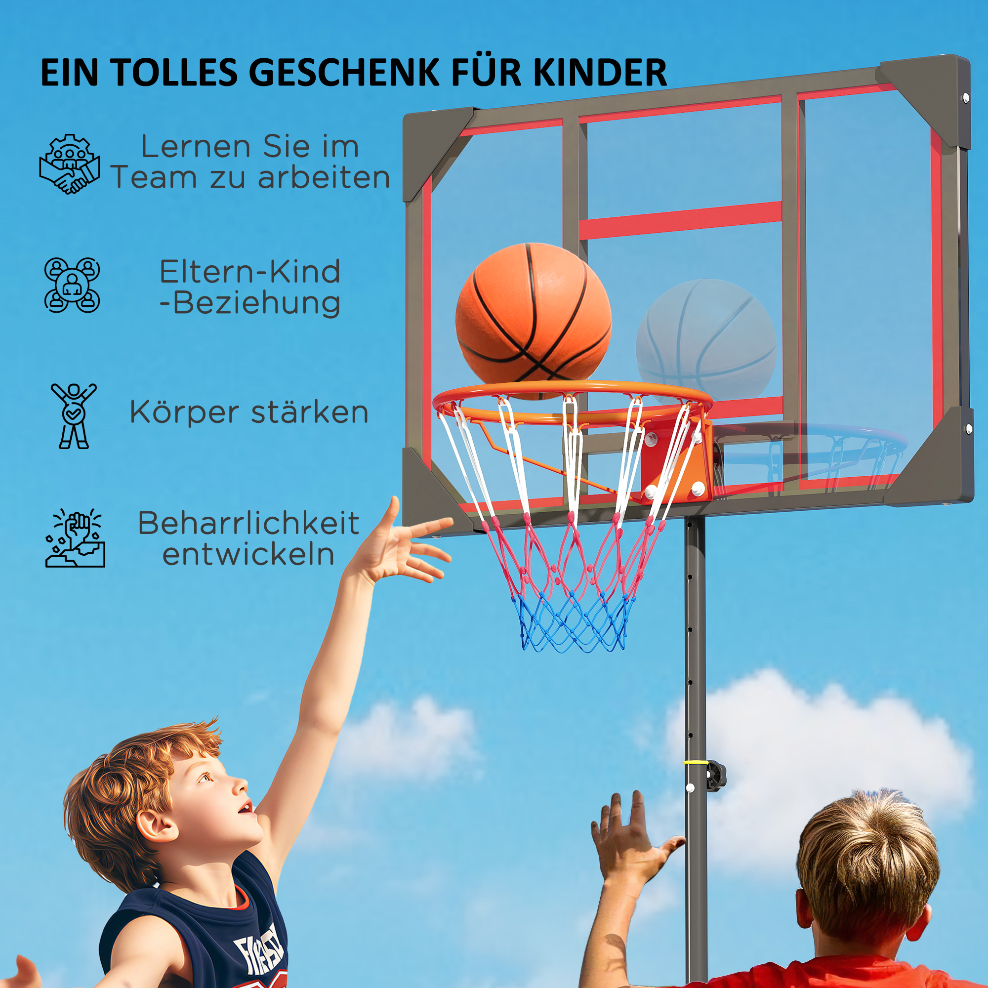 Kinder-Basketballkorb, Outdoor-Basketballkorb für Kinder, 210-260 cm höhenverstellbar, mit Rädern, ab 6 Jahren, Rot