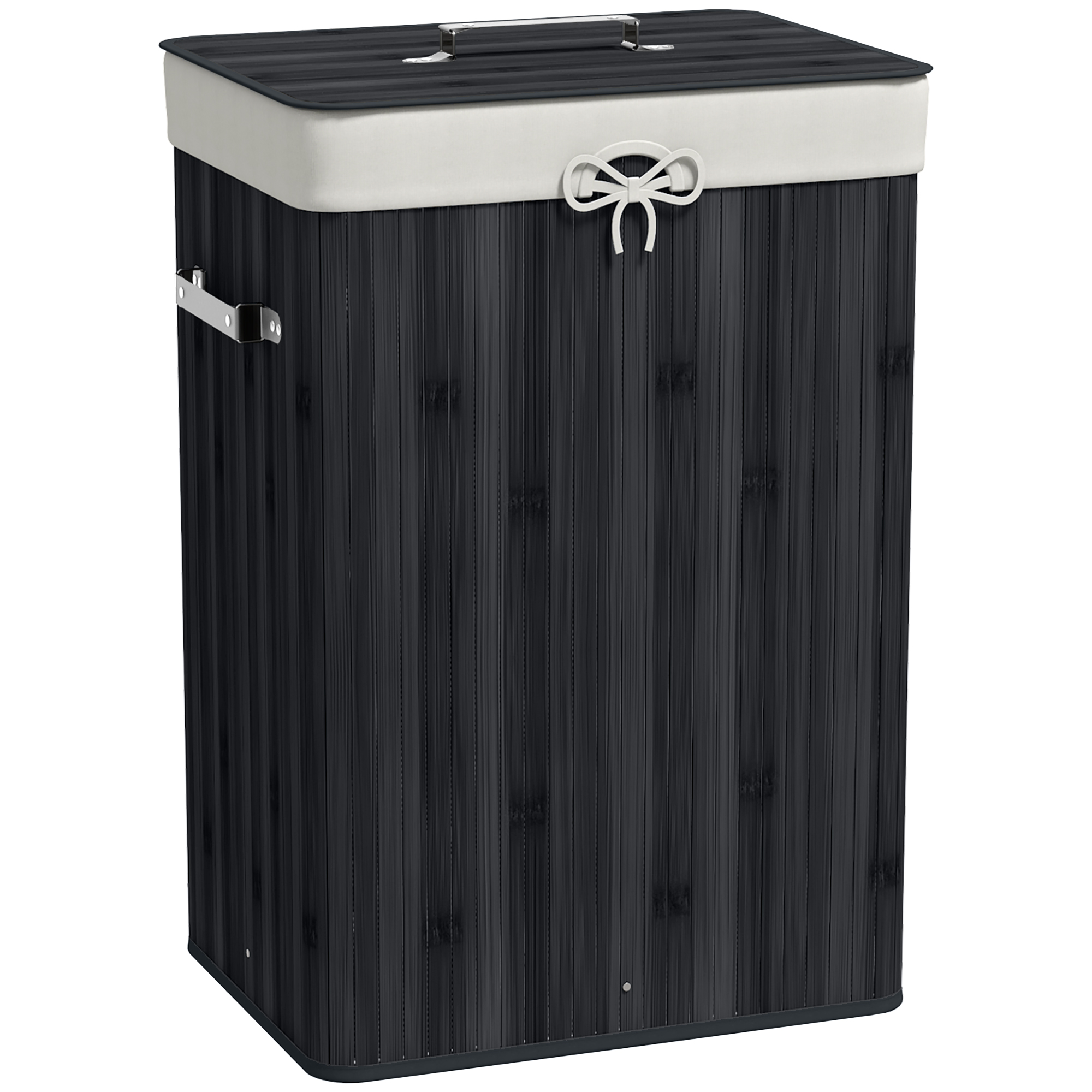 Wäschekorb, Wäschebox, Wäschesammler mit Deckel, Segeltuchsack, Bambus, faltbar, 72L, Schwarz 40 x 30 x 60 cm