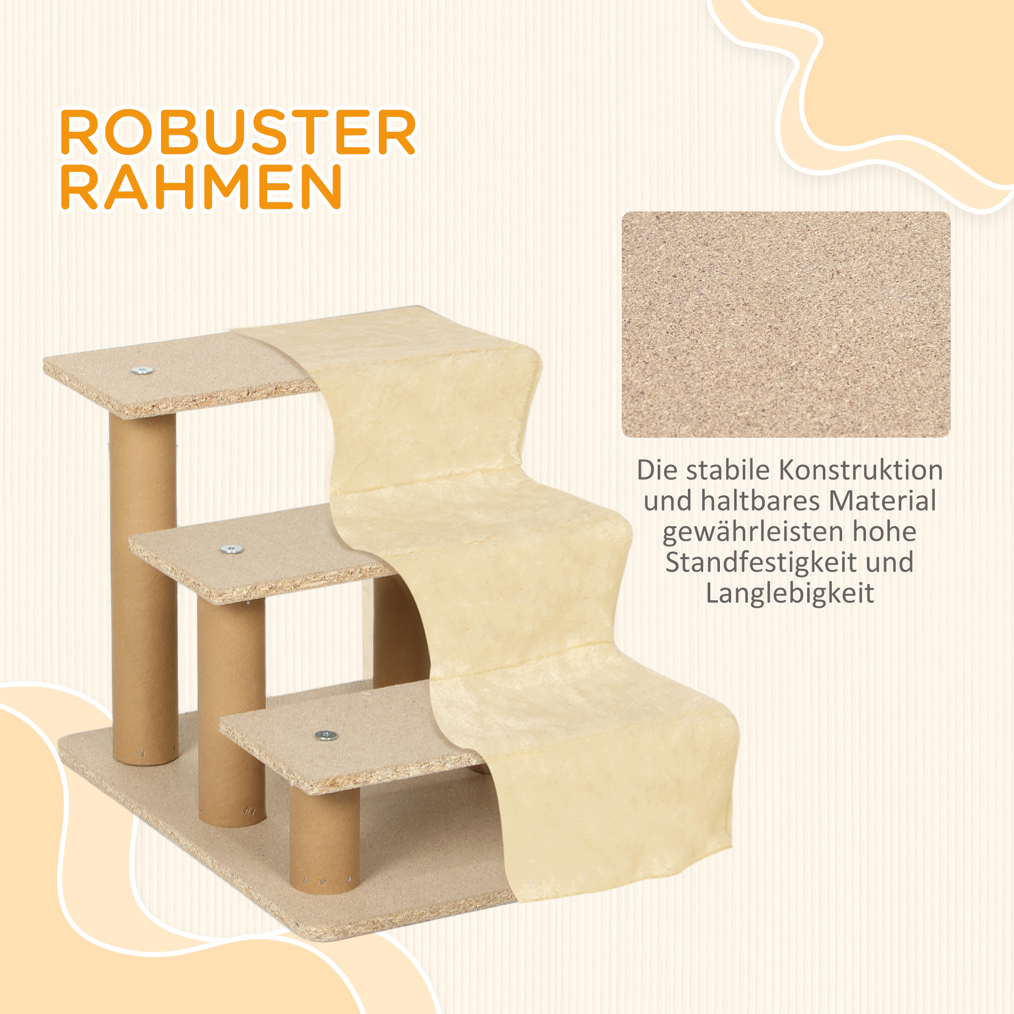 faltbare Haustiertreppe, 3 Stufen, waschbarer Plüschbezug, Spanplatte, 46 x 35 x 35 cm, Beige