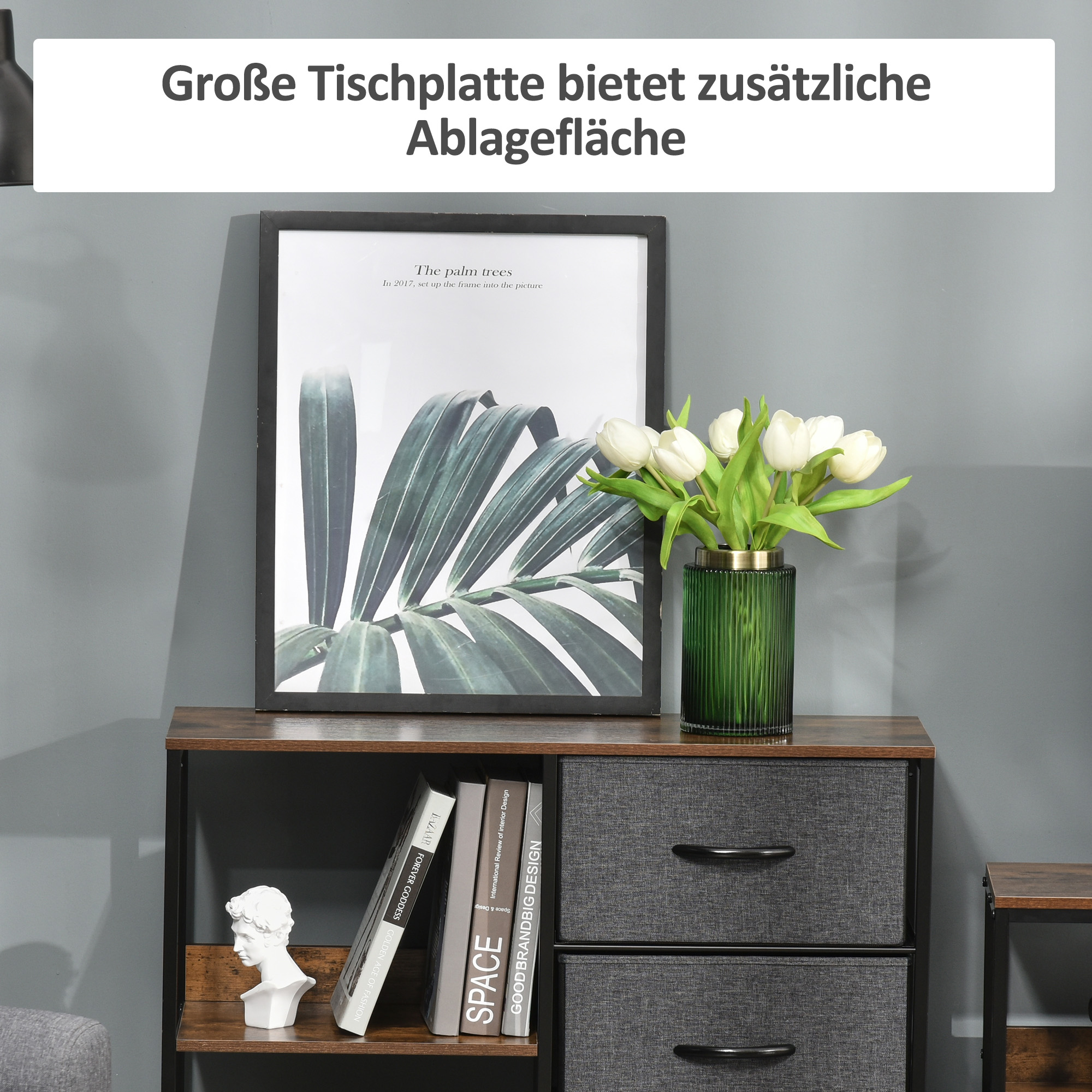 Aufbewahrungs-Kommode, 3 Stoffschubladen, Regale, Metallrahmen, Braun+Grau