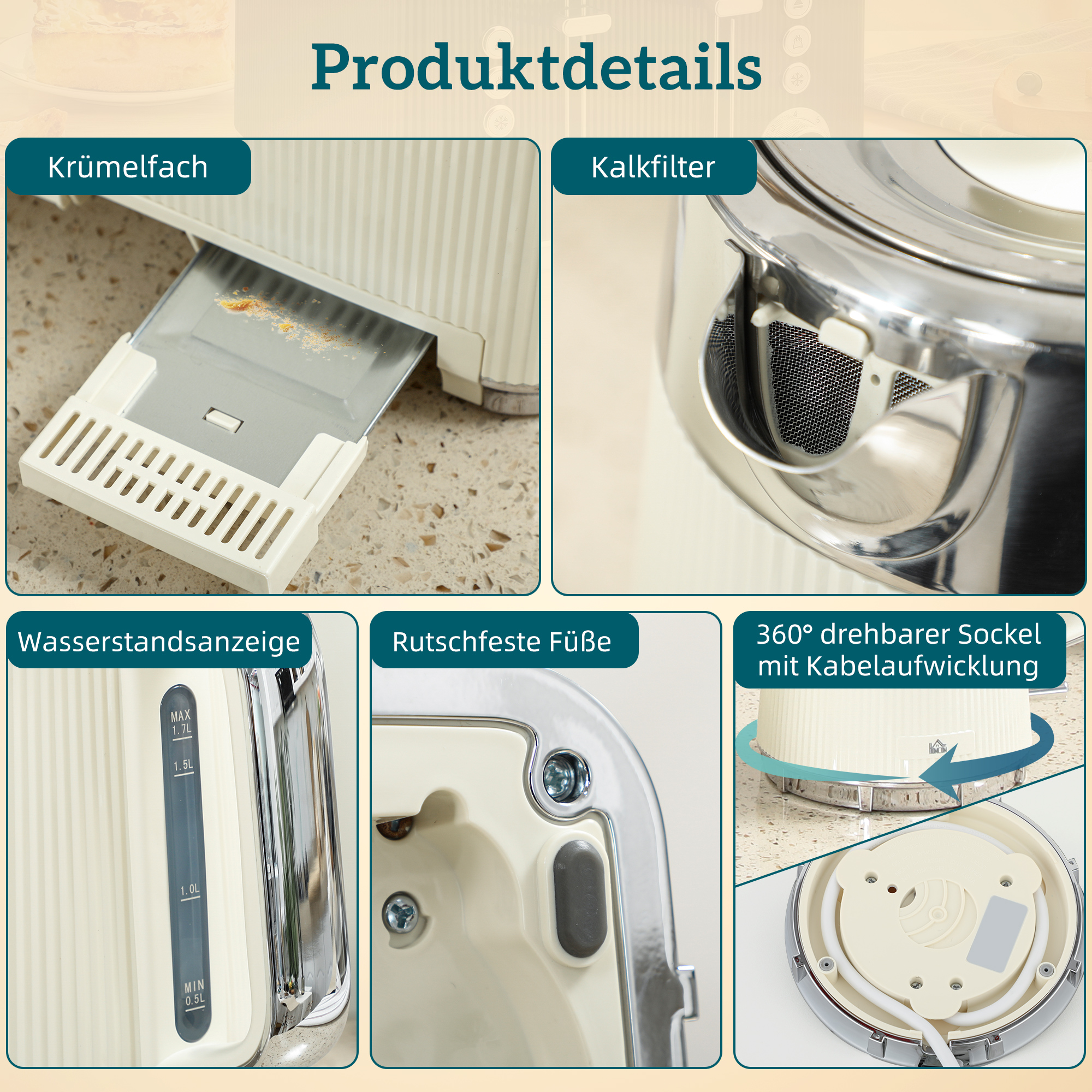 2200W, 1,7L Wasserkocher mit Schnellkochfunktion, Entkalkungsfilter und 4-Scheiben-Toaster mit 7 Bräunungsstufen, Creme