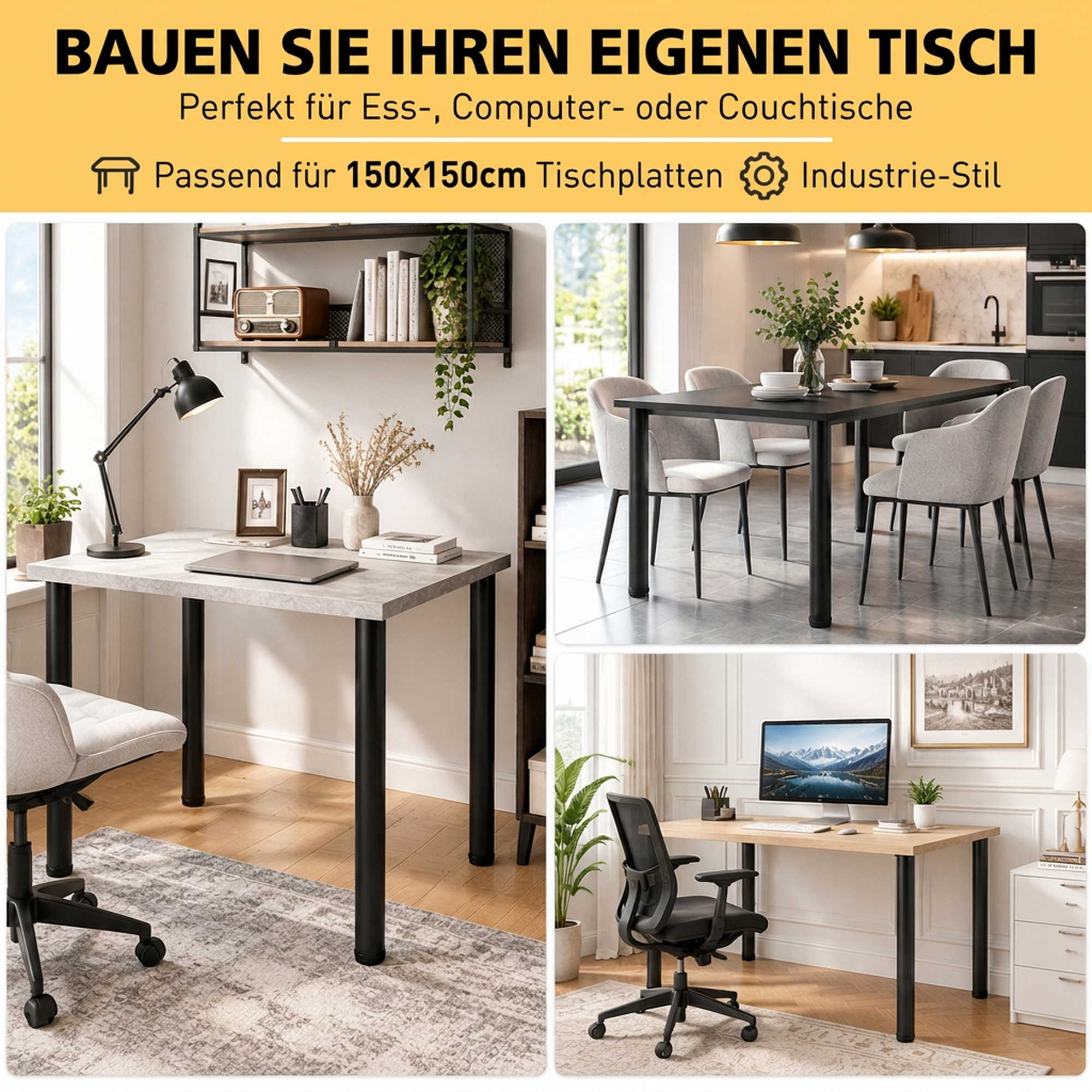 Tischbeine im Industrie-Look und Tischfüße Metall mit Schrauben in Schwarz