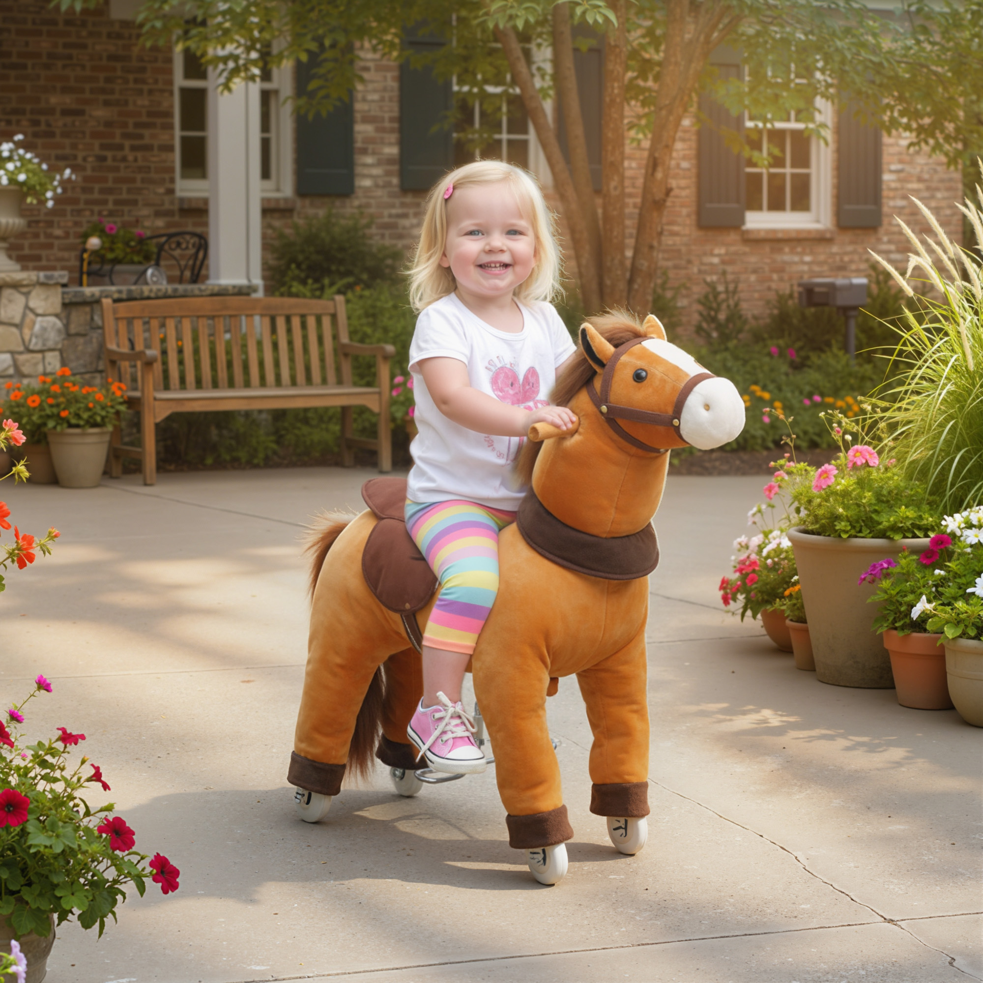 Reitpferd für Kinder, Stoffbezug, stabiler Rahmen, sanfte Räder, Schaukelpferd, 3-5 Jahre, Dunkelbraun