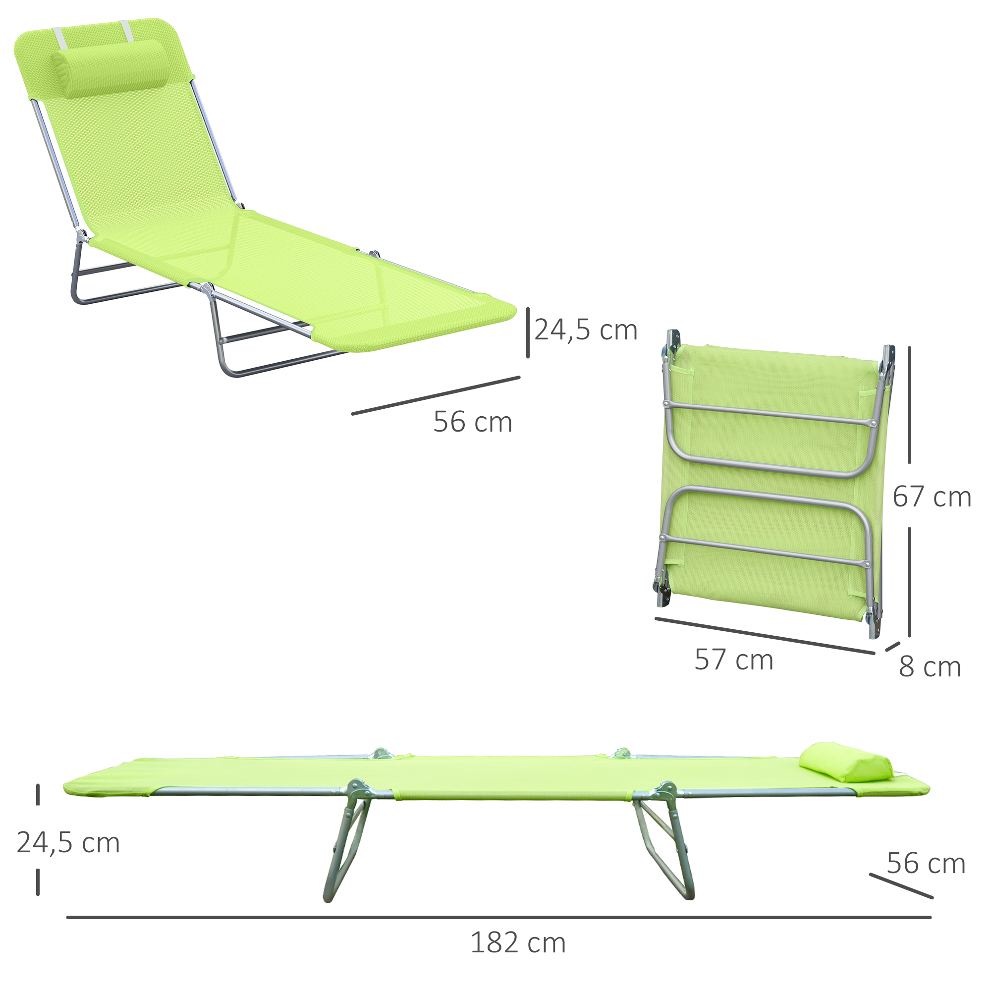 Sonnenliege klappbar Gartenliege mit Kopfkissen Liegestuhl verstellbar mit 5-Fach Campingliege bis 120kg belastbar für Garten, Balkon und Pool geeignet, 4 Farben(Grün)