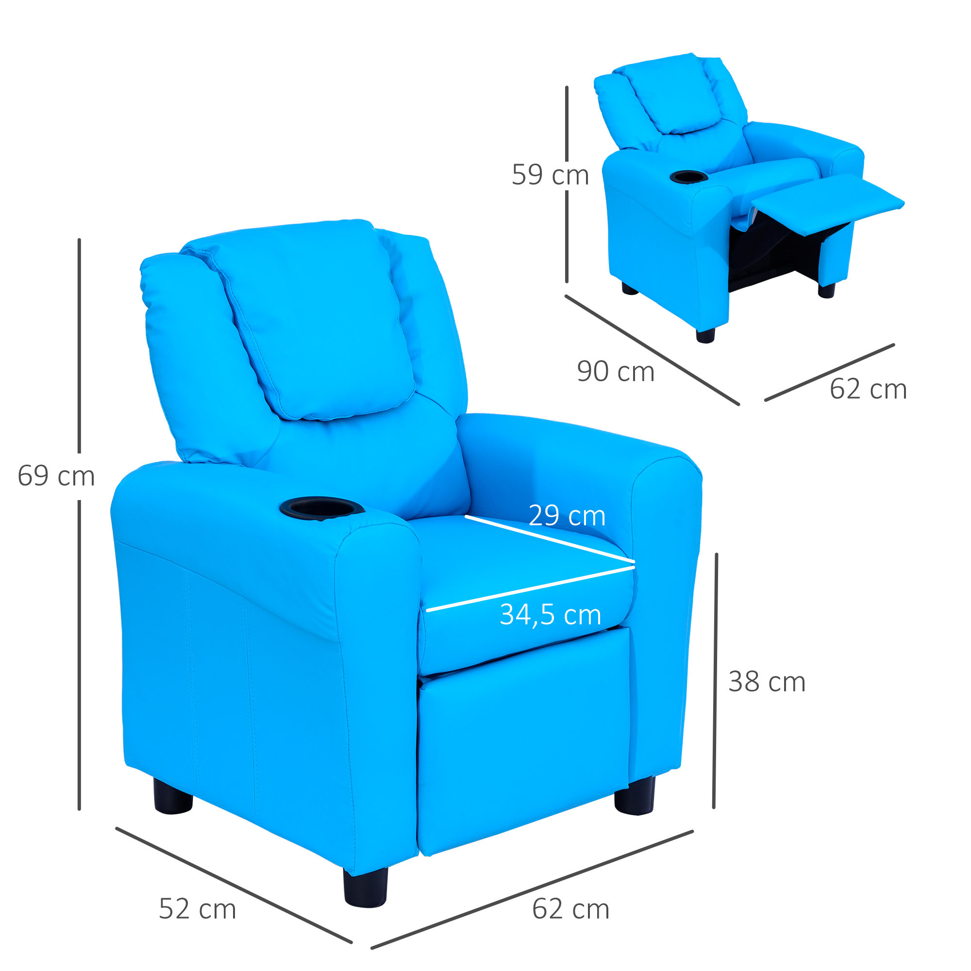Kindersessel mit neigbarer Rücklehne 62 x 52 x 69cm Massivholzrahmen Blau
