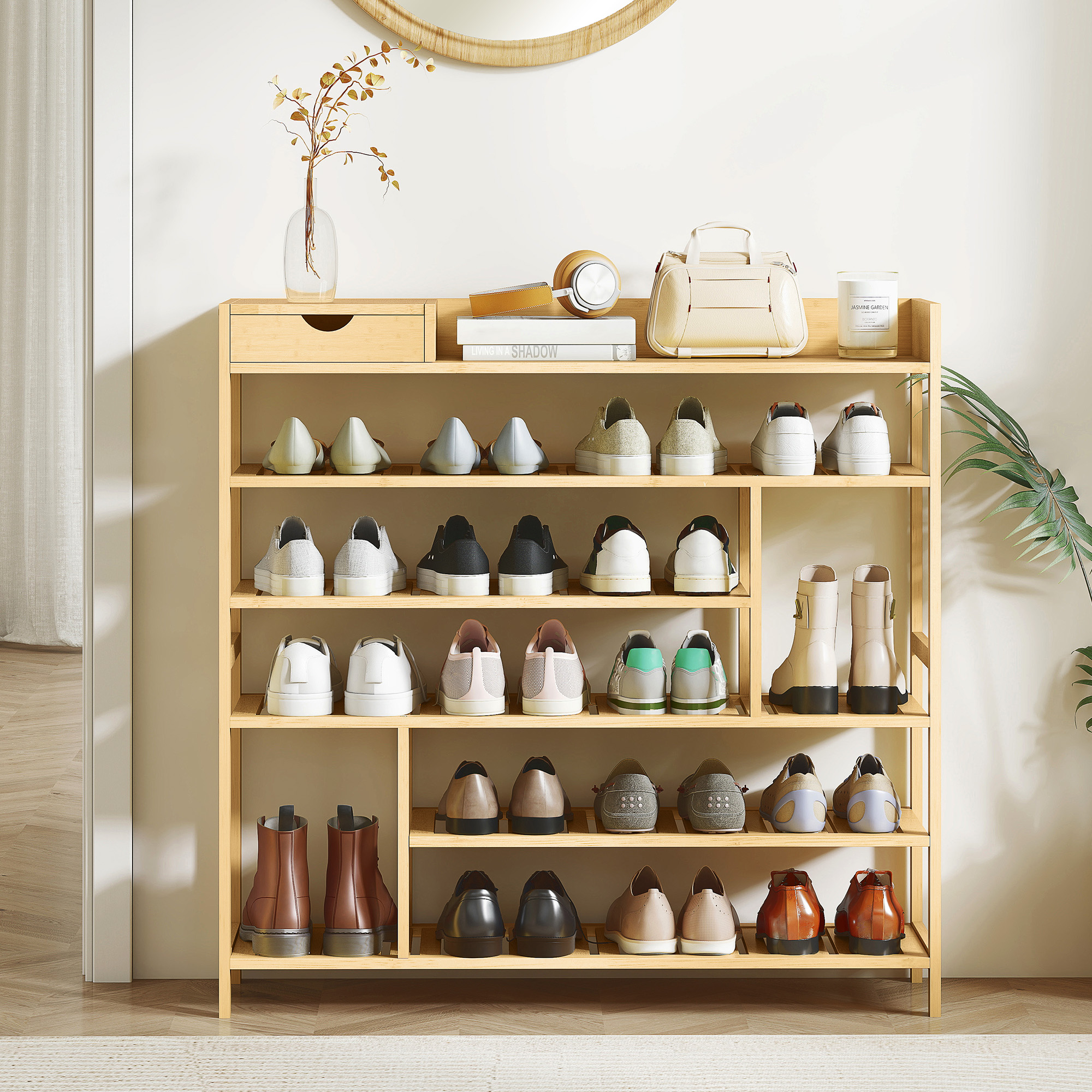 Schuhregal, Schuhständer mit 6 Ebenen, Schublade aus Bambus, für max. 18 Paar Schuhe, Schuhablage für Eingang, Schlafzimmer, 101 x 30 x 100 cm, Natur