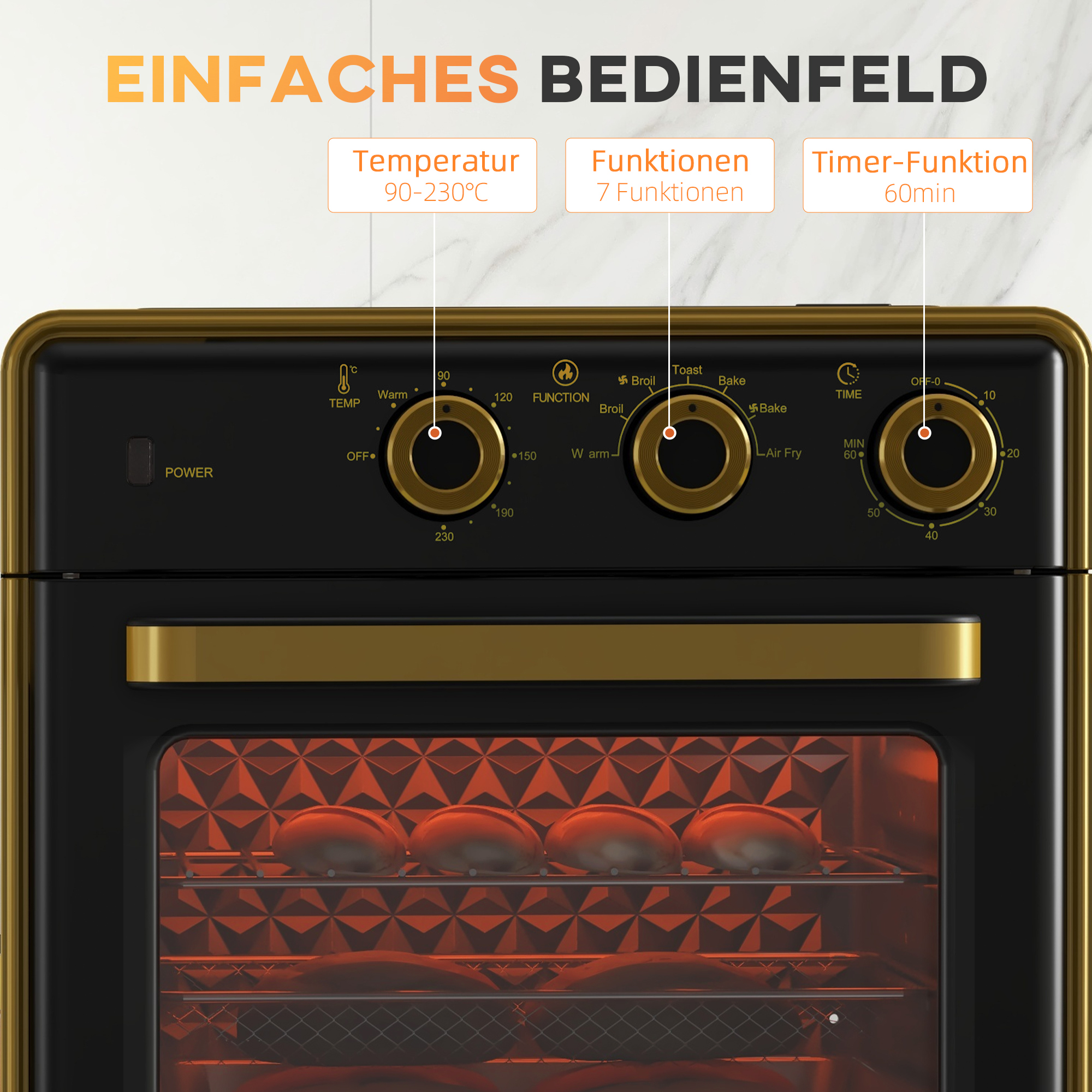 Mini-Backofen, 20 Liter, ölfreies Frittieren, Grillen, Backen, Umluft, 90-230° C, Timer, 1400W, schwarz+gold