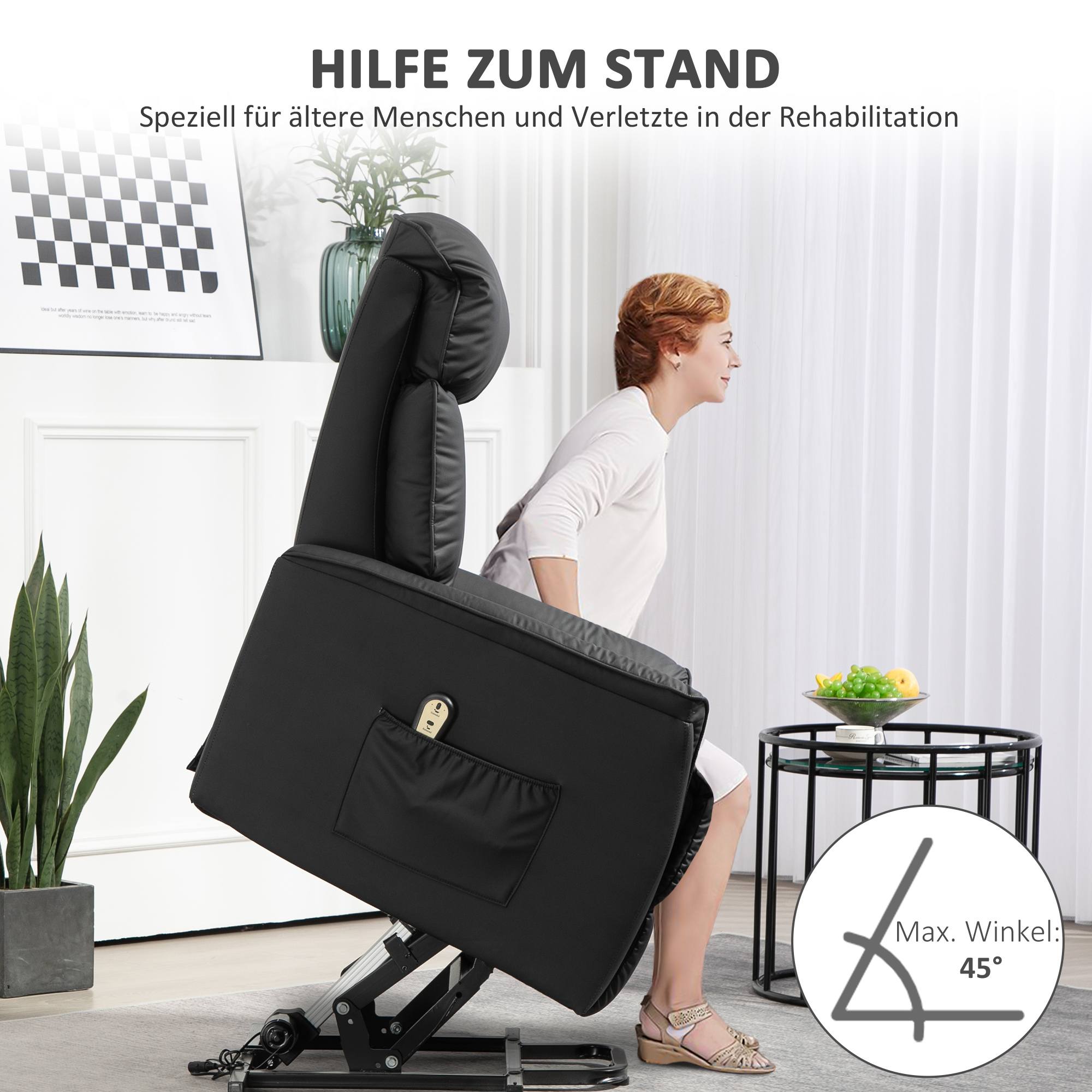 Aufstehsessel, Fernsehsessel, Sessel mit Aufstehhilfe, Liegefunktion, Kunstleder, 80 x 94 x 104 cm, Schwarz