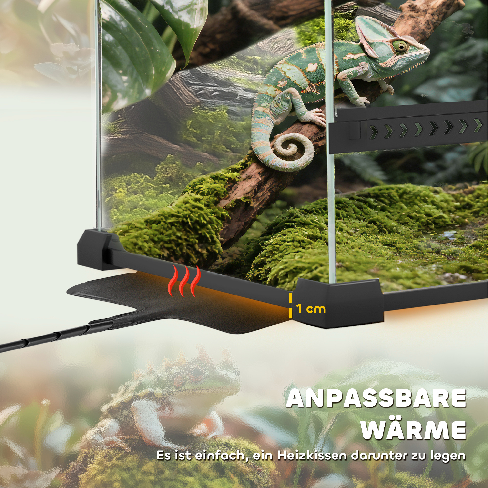 Glas-Terrarium für Reptilien, erhöhter & wasserdichter Boden, Knopfschloss