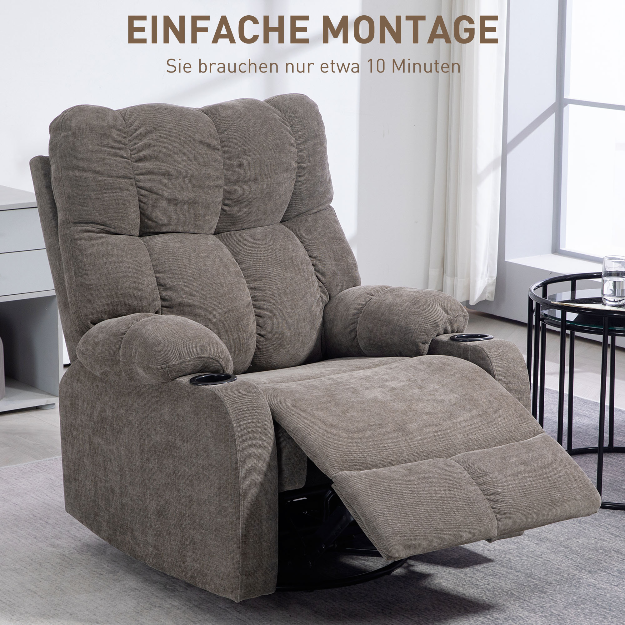 Relaxsessel mit Fußstütze, Loungesessel modern, drehbar, bis 150 kg, Stahlrahmen, 88x96x108cm, Hellbraun