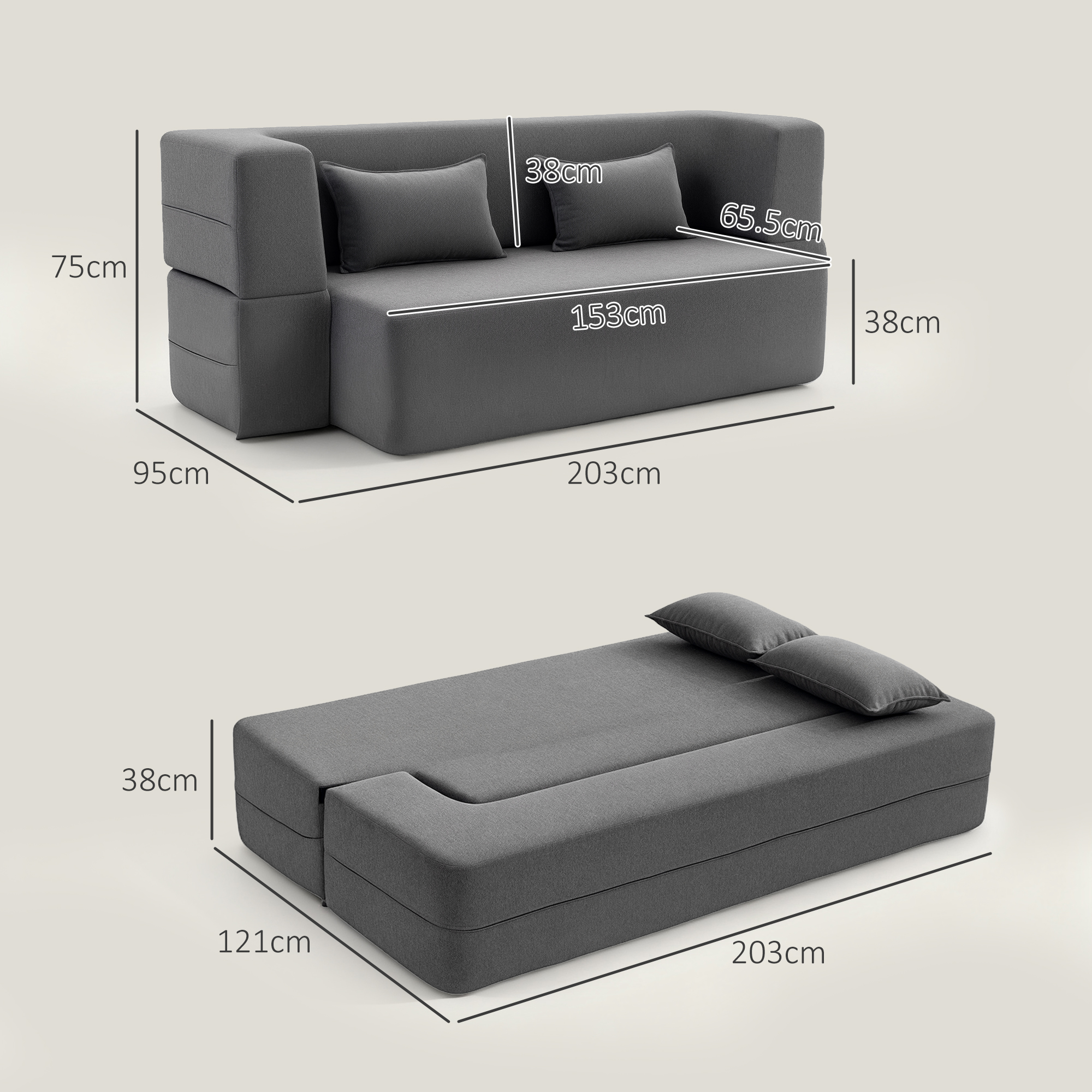 2-Sitzer-Schlafsofa aus Schaumstoff, Schlafcouch mit breiten Armlehnen, 2 Kissen, 360 kg Belastbarkeit, Grau