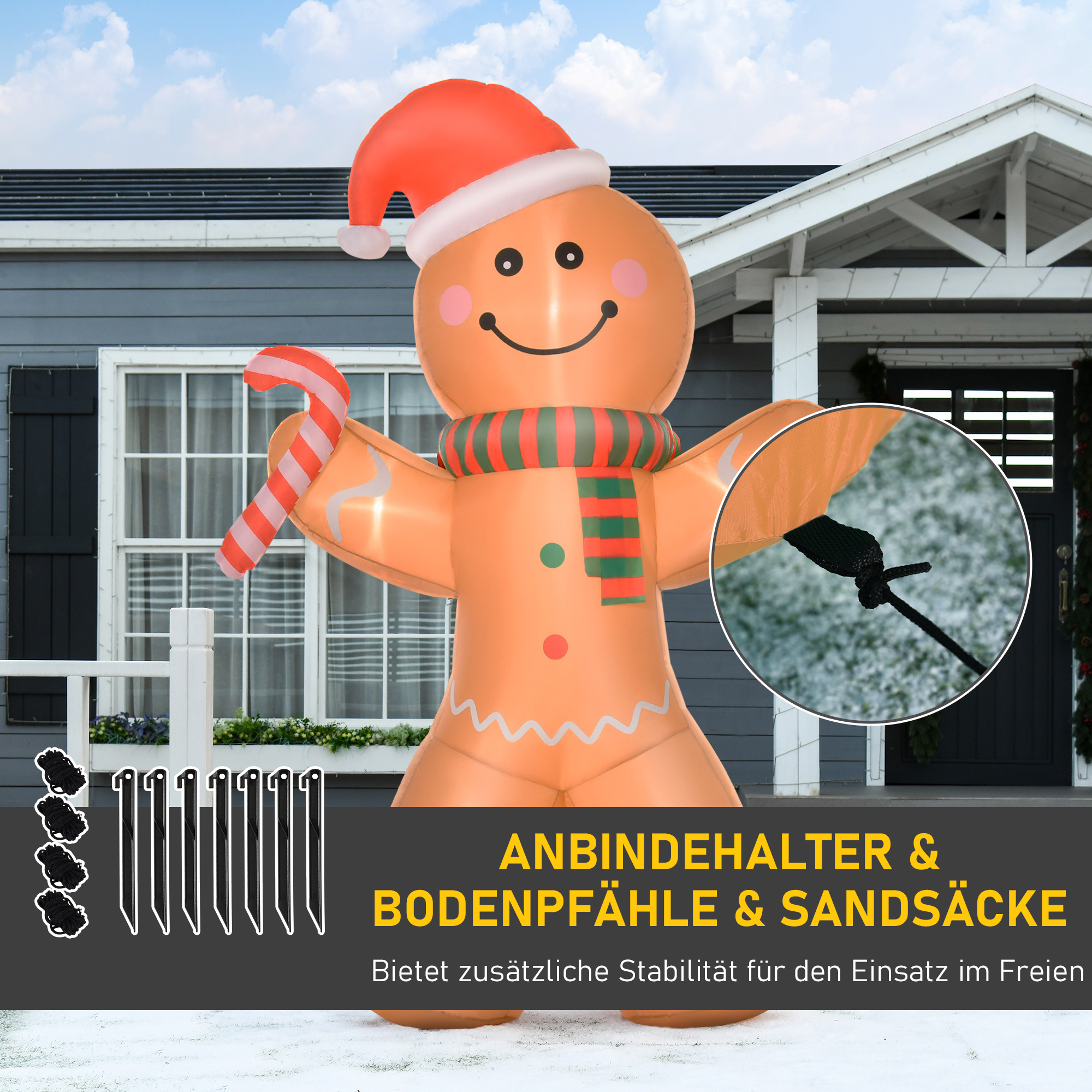 Selbstaufblasender Lebkuchenmann, inkl, Gebläse, Weihnachtsdekoration 2,4 m mit LED-Lichtern