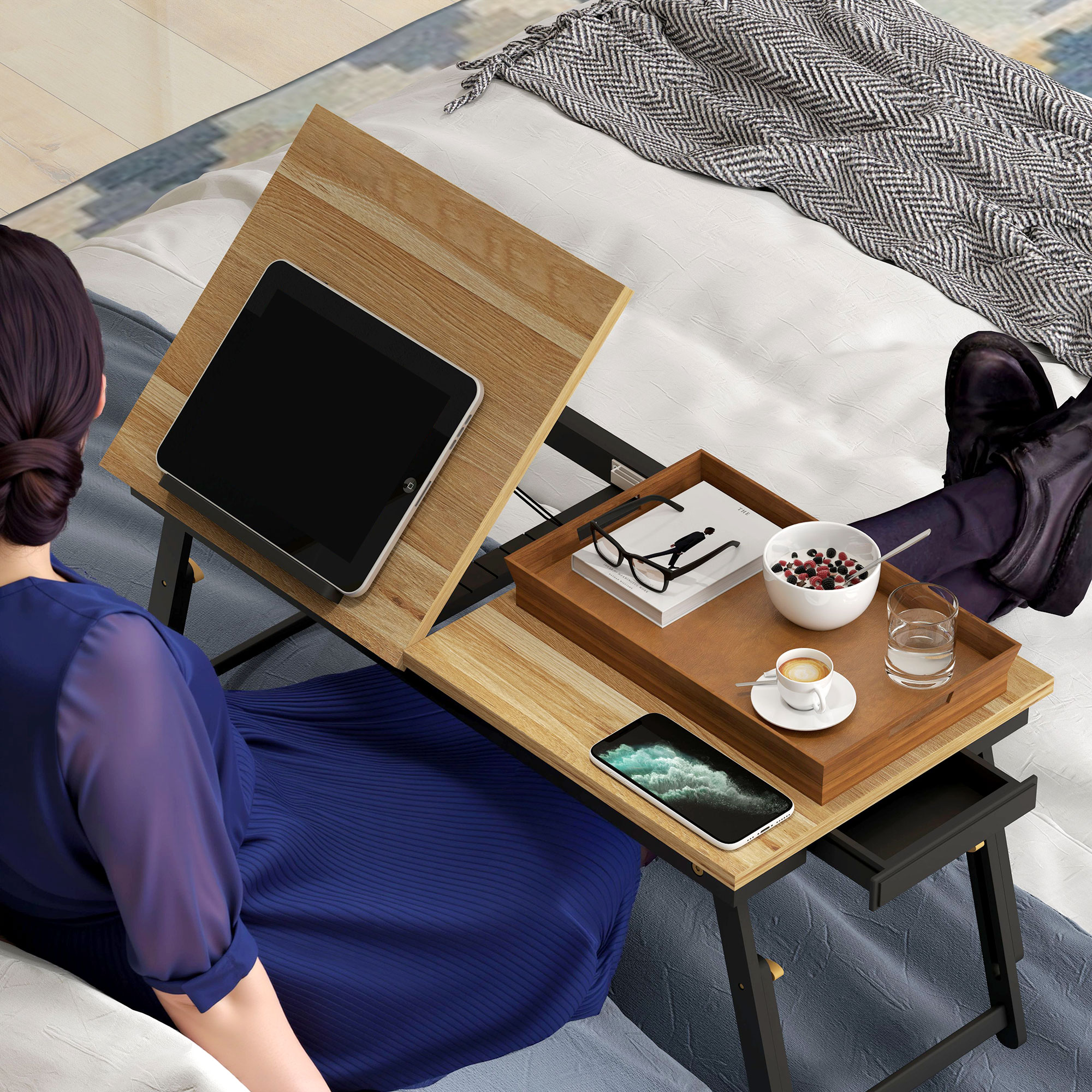 Betttisch, Laptoptisch Höhenverstellbar mit Schublade, Klappbar für Sofa Arbeiten Bett, Eiche