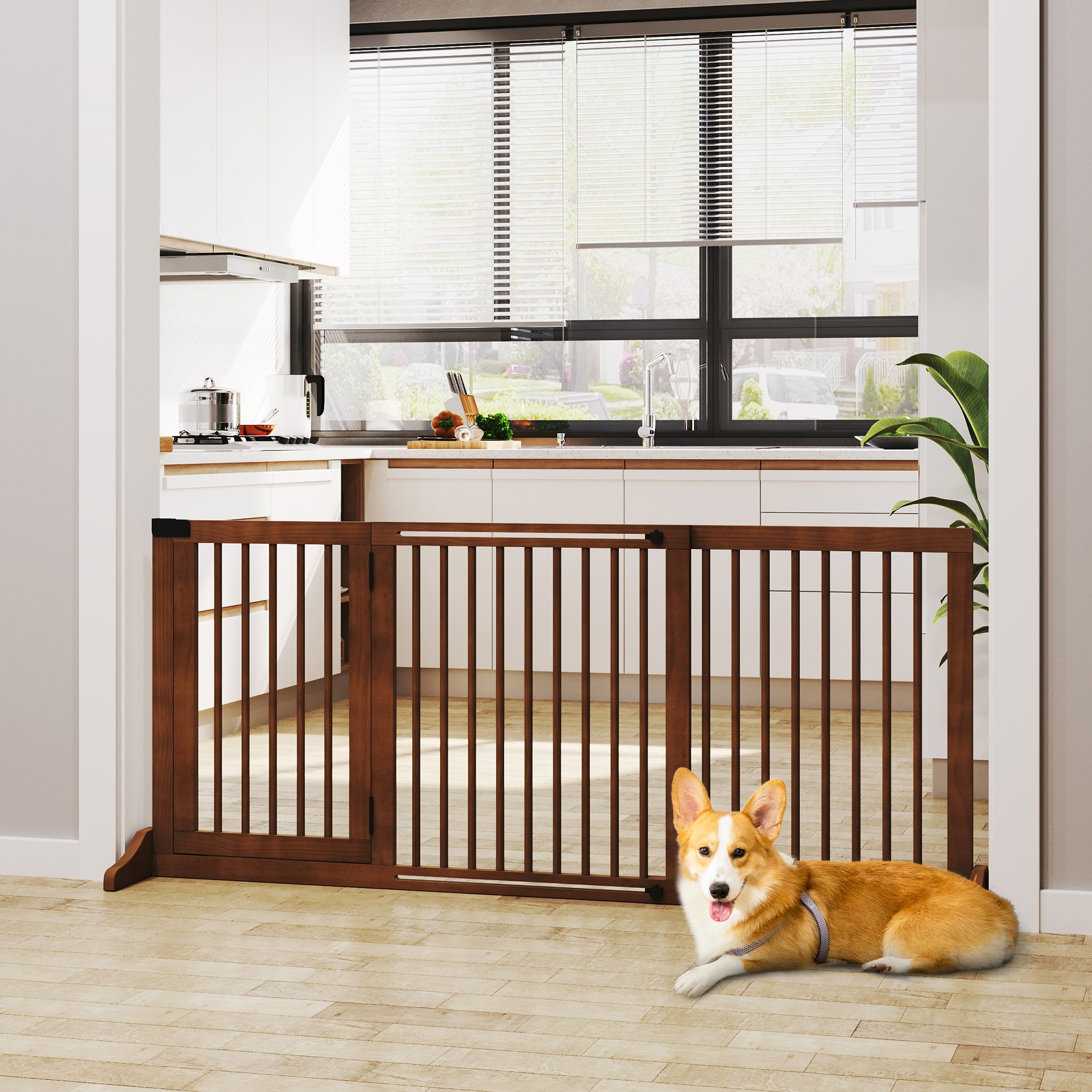 Absperrgitter Hunde Türschutzgitter Schutzgitter aus Holz Freistehendes Hundegitter mit Tür Hundeabsperrgitter Konfigurationsgitter für Kamin & Ofen Braun 113-166 x 36 x 71 cm