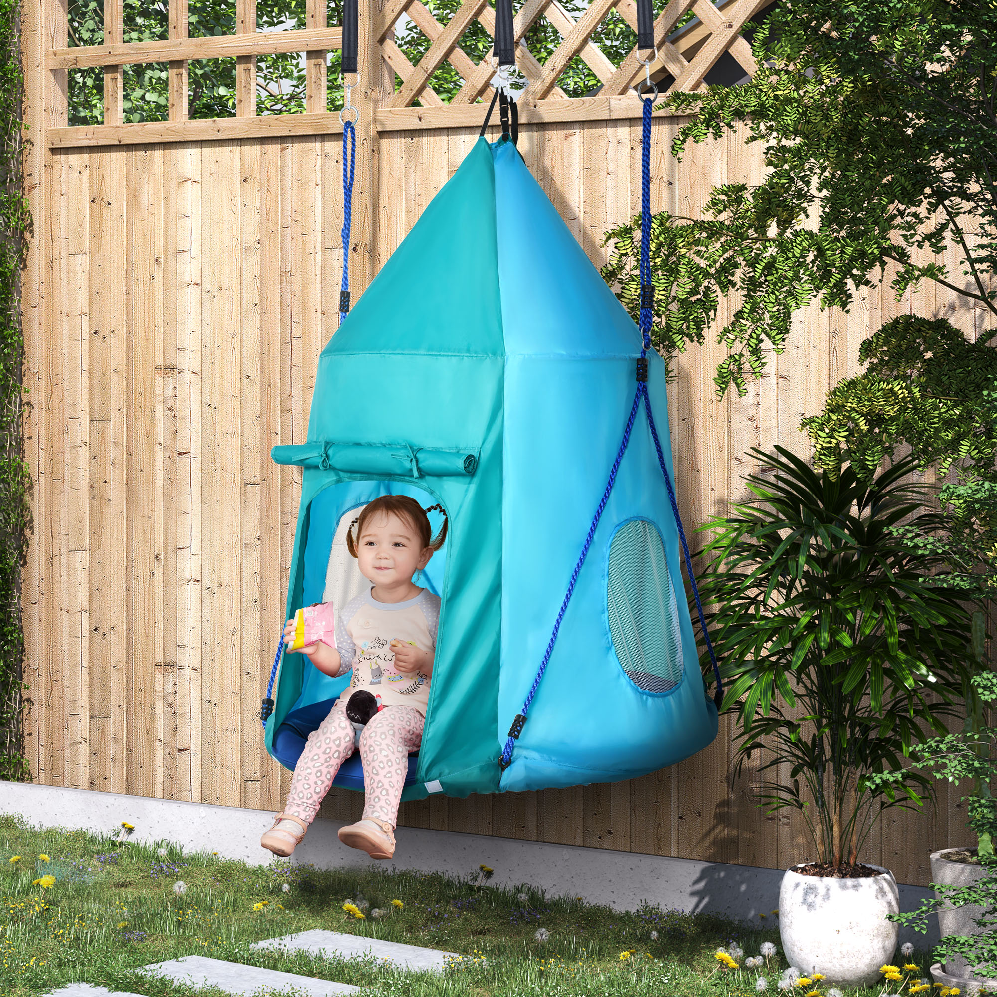 Nestschaukel mit Zelt, Ø100 cm, längenverstellbare Seile, wasserdicht, bis 150 kg belastbar, blaugrün