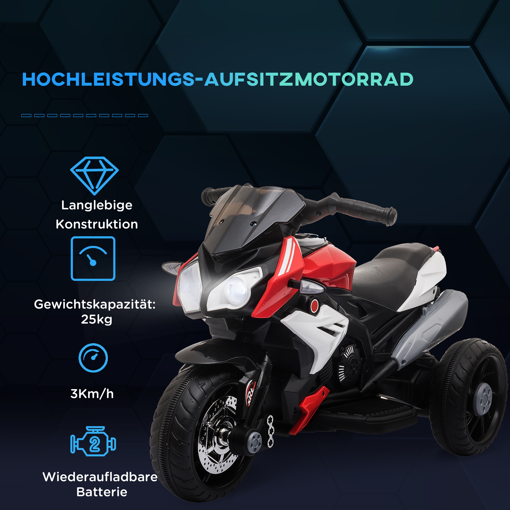 Elektro-Kindermotorrad, Lichter & Geräusche, 3 km/h, wiederaufladbar, Kunststoff & Metall, Schwarz/Rot