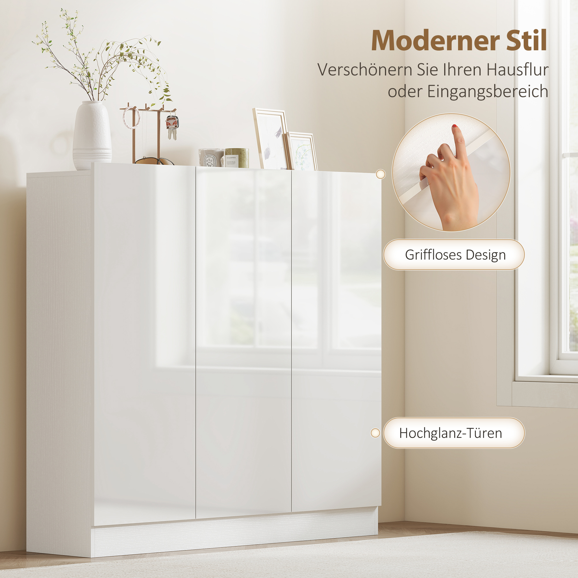 Schuhschrank mit 10 Regalen für 25-30 Schuh-Paare, Lüftungslöcher, Soft-Close-Türen, Holz, Weiß