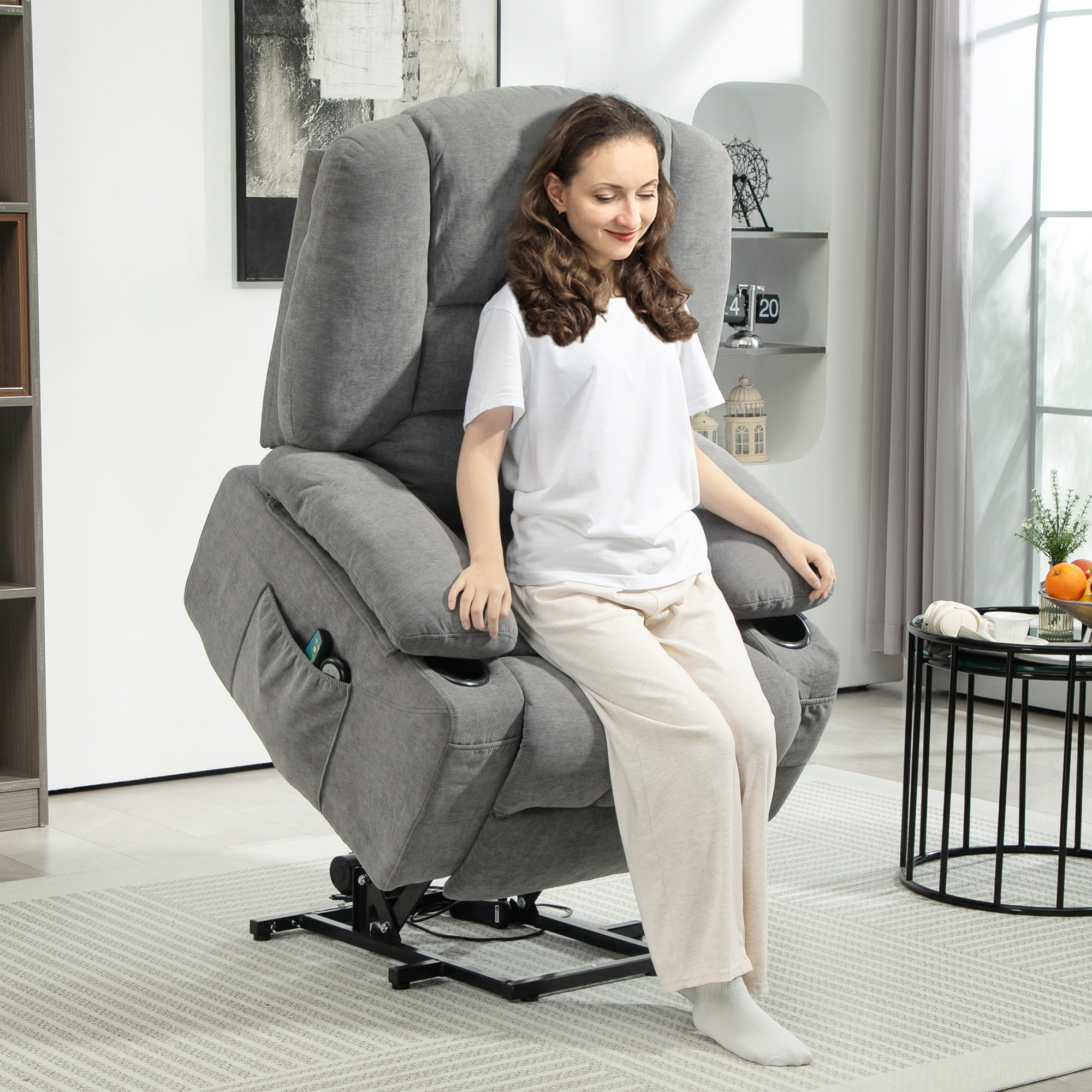 Relaxsessel mit Aufstehhilfe, Massagesessel mit Wärmefunktionen, 2 Fernbedienungen, weicher Schaumstoff