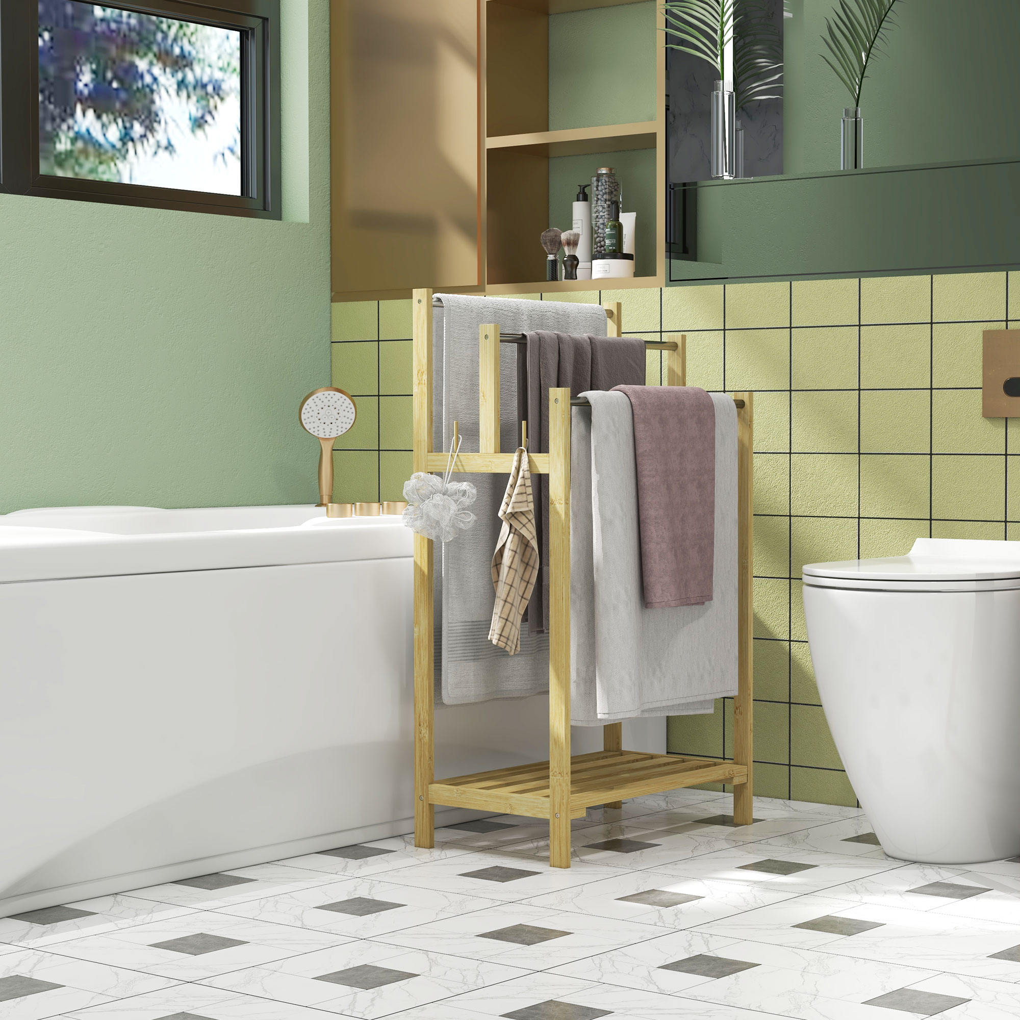 Handtuchhalter, freistehend, 3 Stangen, Bambus/Edelstahl, 50,5x31x90cm