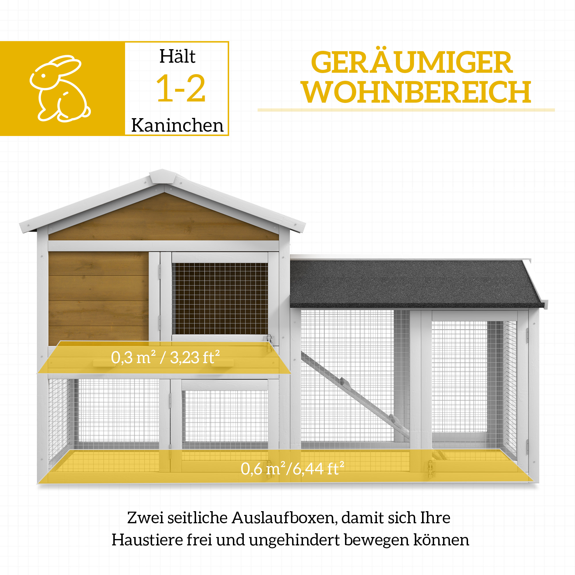 Hasenstall 2 Etagen Kaninchenstall Holz Kaninchenkäfig mit Bitumendach Freilaufgehege Rampe Türen 147x54x84 cm Gelb
